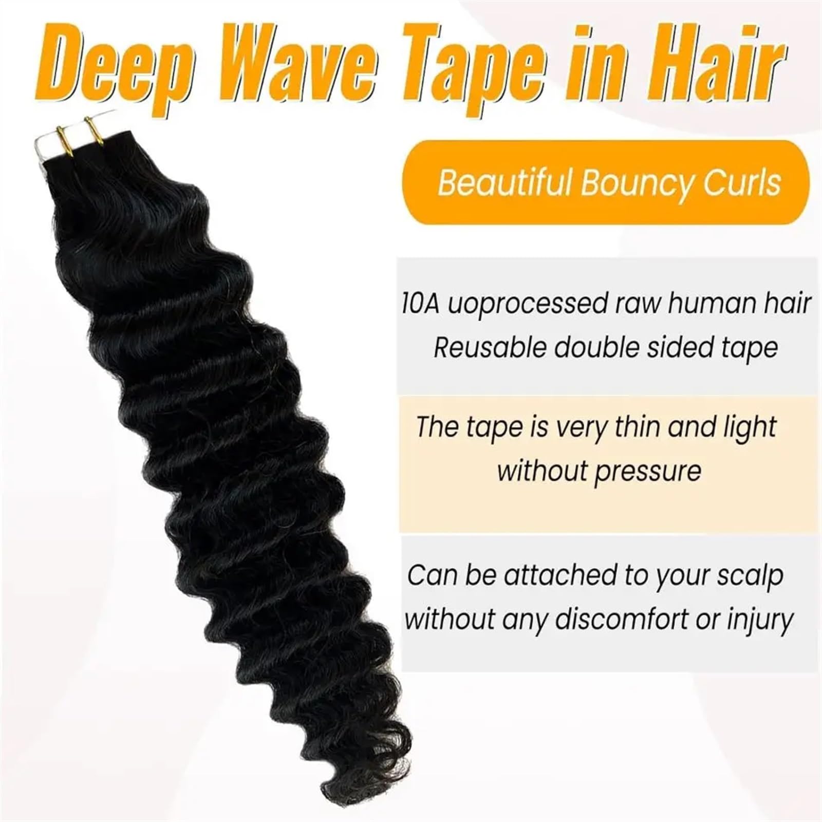 Taśma do przedłużania włosów, Deep Wave Tape in, naturalne włosy, Jerry Curly, naturalna czerń, niewidoczne, dwustronne, przedłużanie włosów #1B, taśma perukowa (40 szt., 100 g, 60 cm