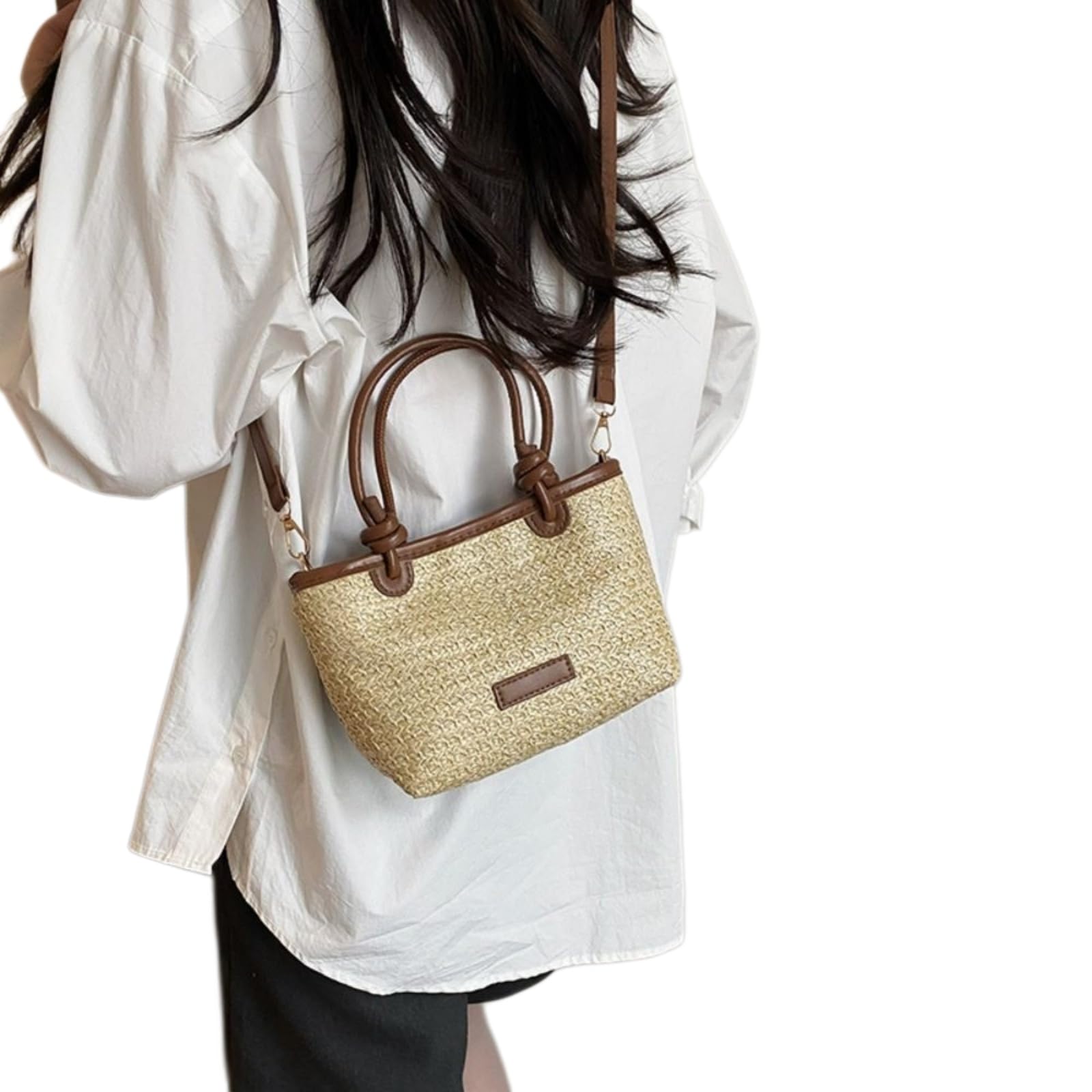 Kosmetiktasche Frauen Gewebt Stroh Tasche Crossbody Tote Handtasche Retro Korb Schultertasche Sommer Urlaub Tasche-beige