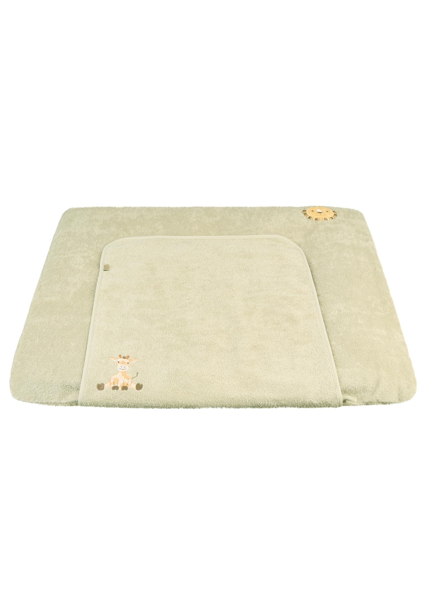 Sterntaler Wickelauflagenbezug Giraffe & Löwe 80x90cm – Saugfähige Baumwolle mit abtrennbarem, wasserundurchlässigem Frottee-Teil – süße Stickereien – Wickelunterlage für Unterwegs, steingrau