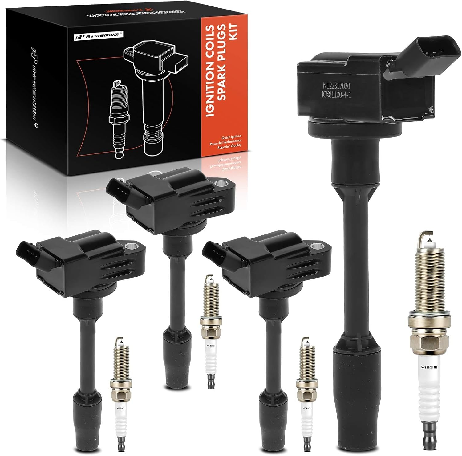 A-Premium Set of 4 Ignition Coil Pack and Iridium Spark Plugs Compatible with Toyota Prius 2016-2021, Prius AWD-e 2019-2021, Prius Prime 2017-2021, 1.8L, Replace# 9091902272