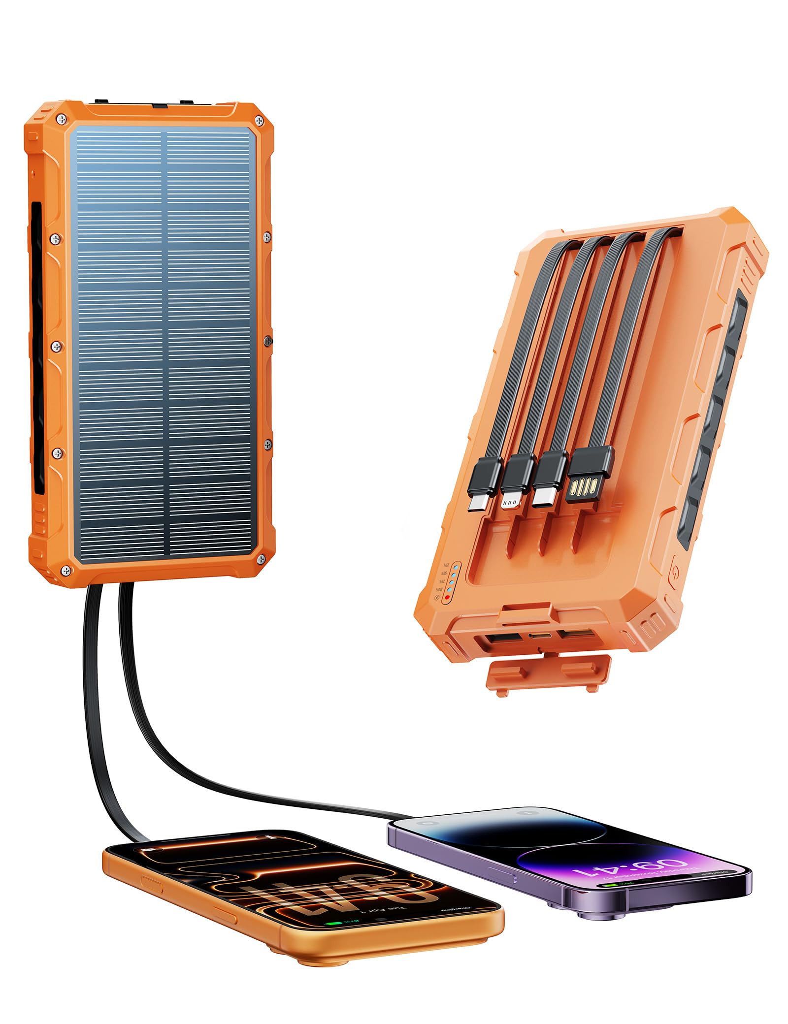 Caricabatterie solare Power-Bank – 20000 mAh, caricabatterie a energia solare, 20 W di ricarica rapida con cavi integrati, batteria esterna portatile da campeggio compatibile con più dispositivi