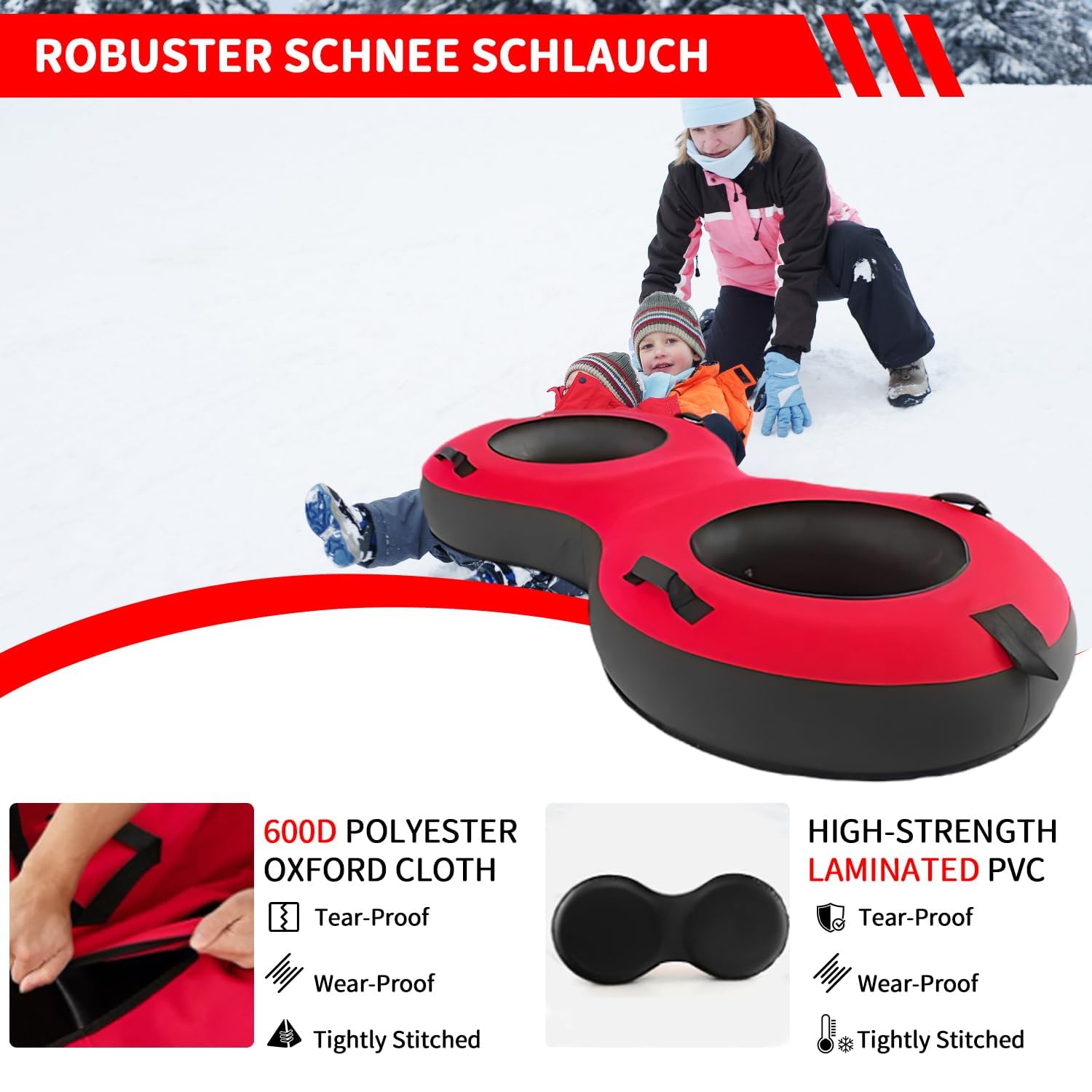 Traîneau Gonflable pour 2 Personnes, Luge Bouée Gonflable pour 2 Personnes, Traîneau à Neige Robuste en Caoutchouc avec Fond Rigide Sangle de Remorquage, Siège Rembourré