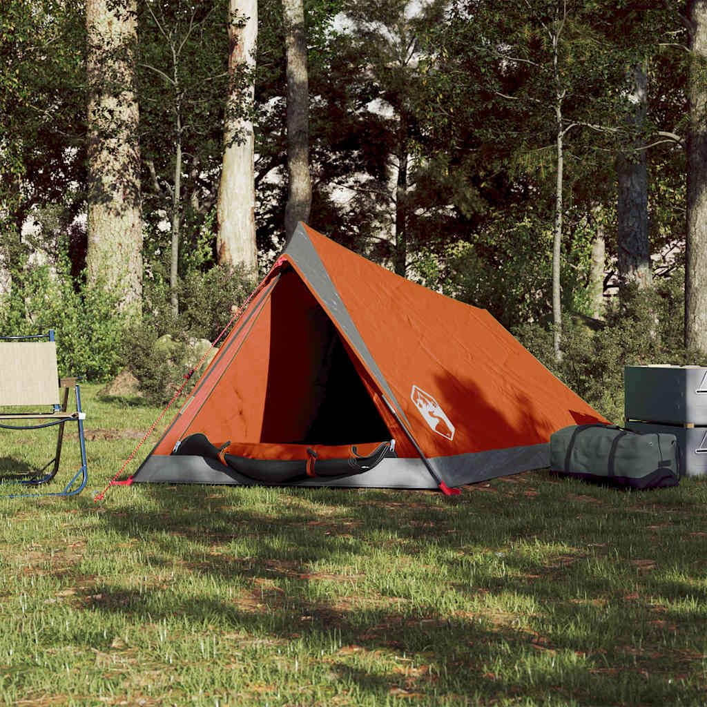 Campingzelt Wasserfest mit Reißverschlusstür, 2 Personen Rucksackzelt mit Zubehör & Tragetasche für Trekking Abenteuer, Grau & Orange 200 x 120 x 88/62 cm Polyester