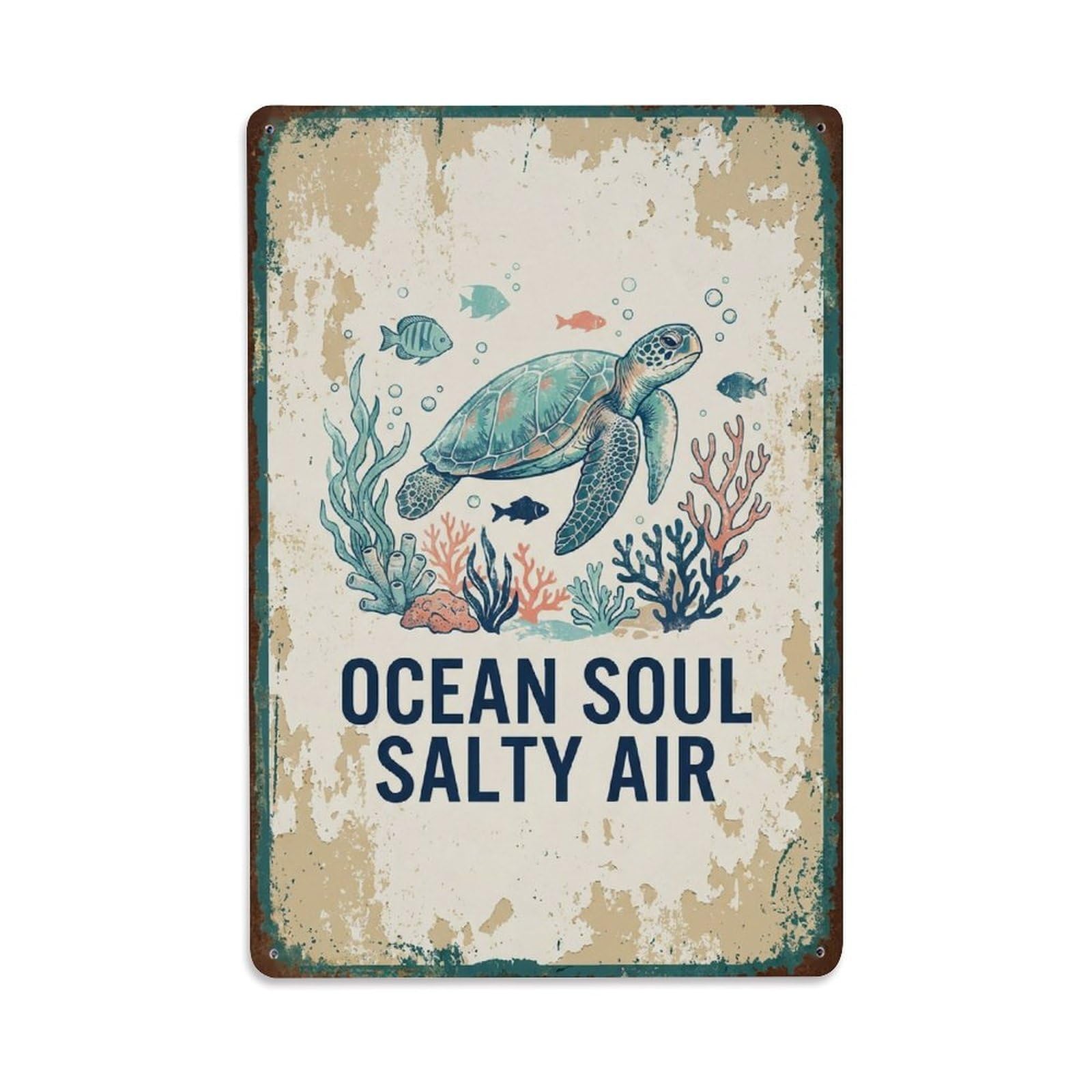 Okngb Style Whimsical Ocean Saying Soul Salty Air Vintage Heritage Metal Tin Sign Plaque Wall Decor For Cafe, Man Cave, Club Bar, Office, Home Garden Round Metal Poster 8X12inch