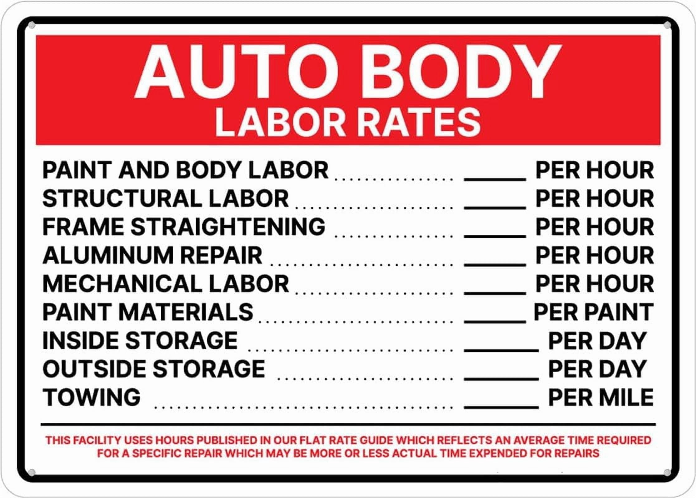 (2-Pack) Metal Tin Sign Auto Body Labor Rates Hours Published In Flat Rate Guide Sign Outdoor, Uv Printed Rust Free 12 X 8 In,Yard Sign For Home, Business, Driveway Alert
