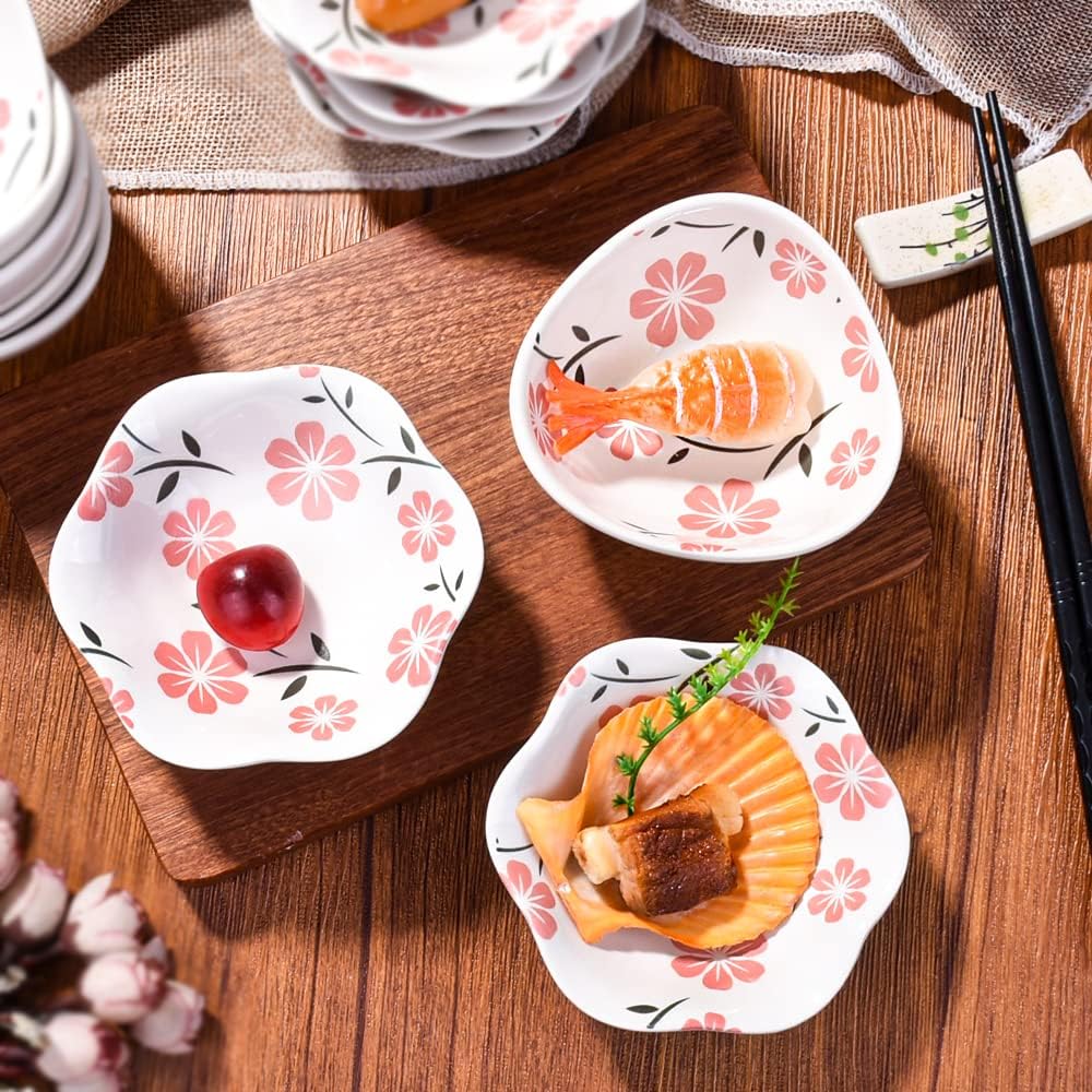 Ceramic Dipping Bowl Set of 6, 4'' Cherry Blossoms Small Sushi Dishes