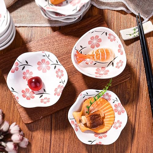 Miniatura 5 de Juego de 6 platos japoneses de cerámica para salsa de soja para aperitivos de sushi y condimentos con flores de cerezo blanco (HY)