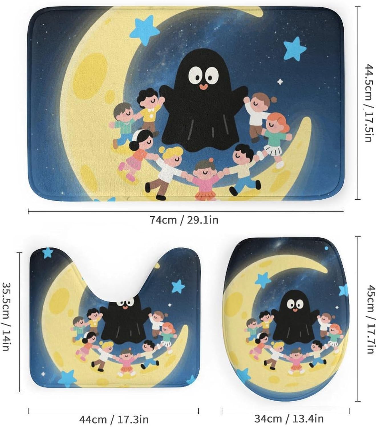 Black Cute Ghost Shower Curtain Set 4 Piece, Non-Slip Bath Mat with Toilet Lid Cover and Waterproof Shower Curtain with 12 Hooks, Complete Bathroom Set for Home Decor