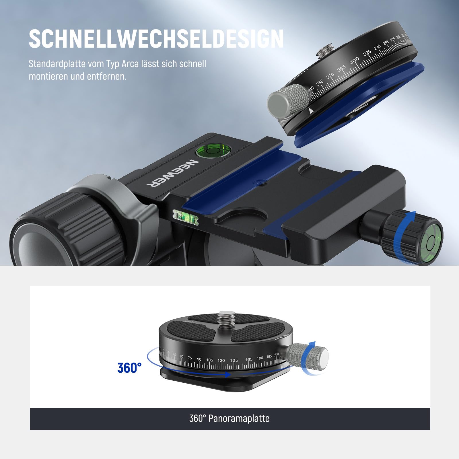 Neewer 3 Wege Neiger Stativkopf mit 360° Schwenk Arca QR Platte – Bild 4