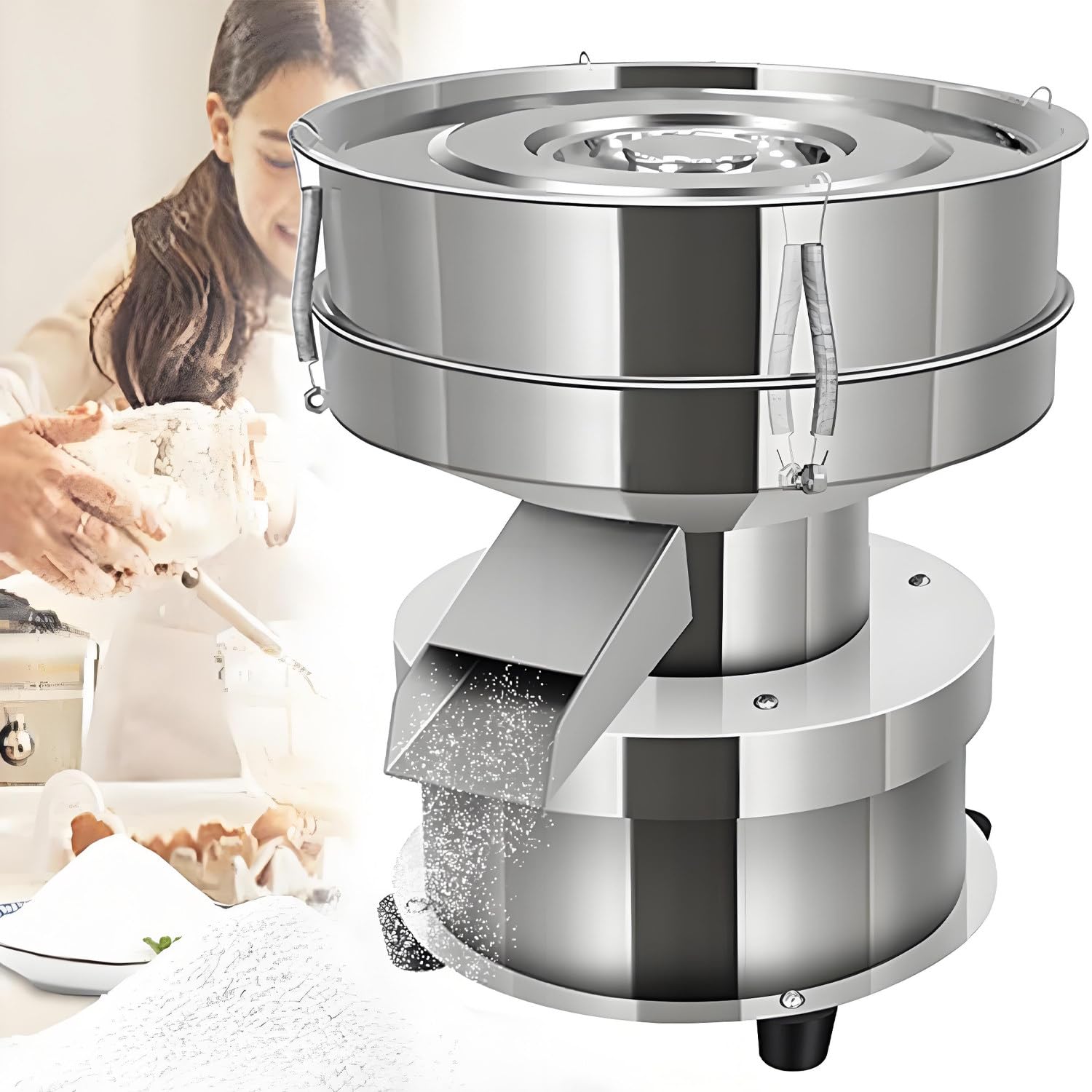 Tamizadora vibratoria eléctrica de 1350 RPM - 50 W, automática, de Acero Inoxidable 304, con 2 tamices de Malla 40/60 para Uso Comercial y doméstico, para harina y harina de repostería. 15CM