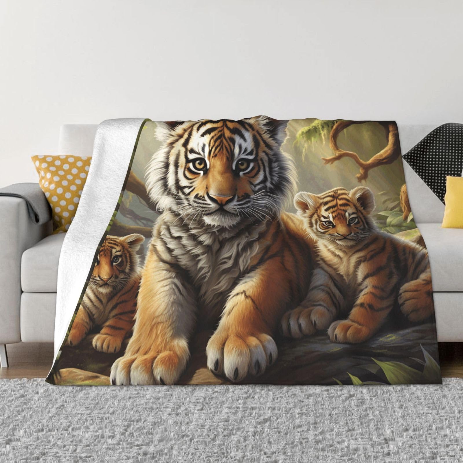 KLOPH Jungle Tigers Cub Throw Blanket 60"x50" Flannel Fluffy Warm Blanket for Couch, Reversible Plush Blankets for Bed, Comfy Fuzzy Blanket for Sofa, Plush Lightweight-Blankets for All Season