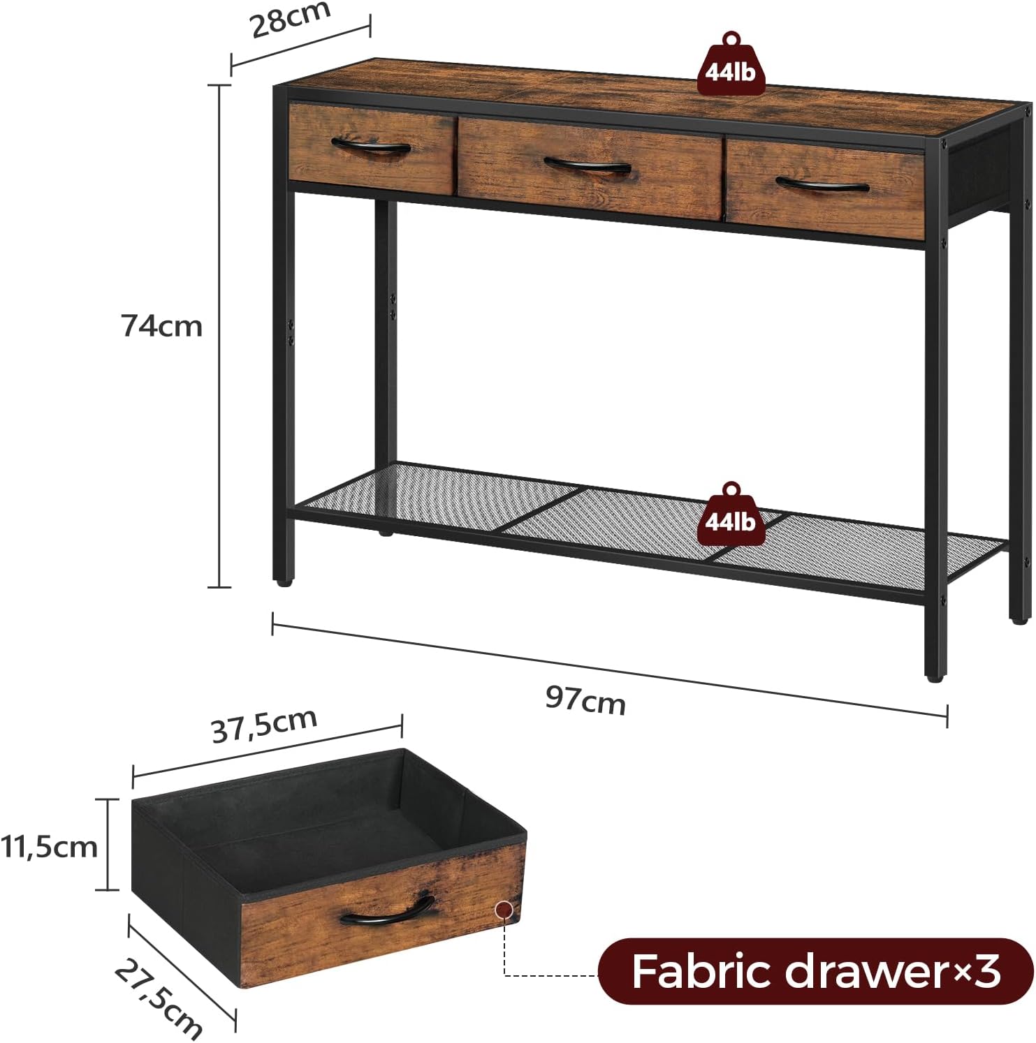 Console Table with 3 Fabric Drawers, Industrial Entryway Table with Storage, Narrow Sofa Table for Living Room, Entrance, Hallway, Couch, Corridor, Rustic Brown and Black CTHR23301
