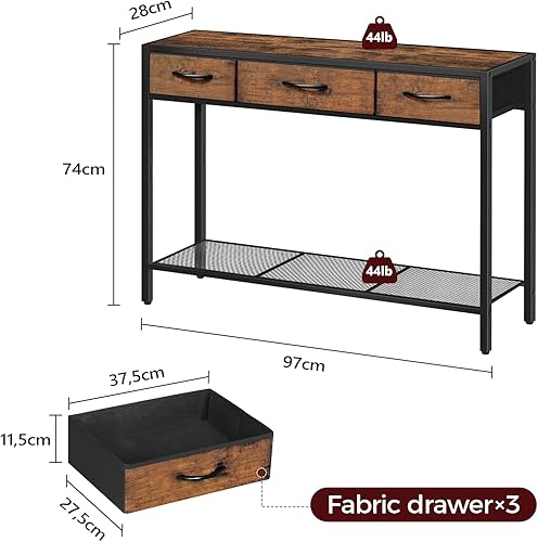 Miniatura 3 de Mesa consola con 3 cajones de tela, mesa de entrada industrial con almacenamiento, mesa de sofá estrecha para sala de estar, entrada, pasillo, sofá,