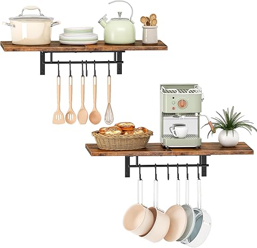 Miniatura 10 de Estantes para Ollas Montados en Pared, Juego de 2 Estantes Colgantes para Ollas, Estantes Flotantes, Estantes de Pared, Colgadores Vintage para