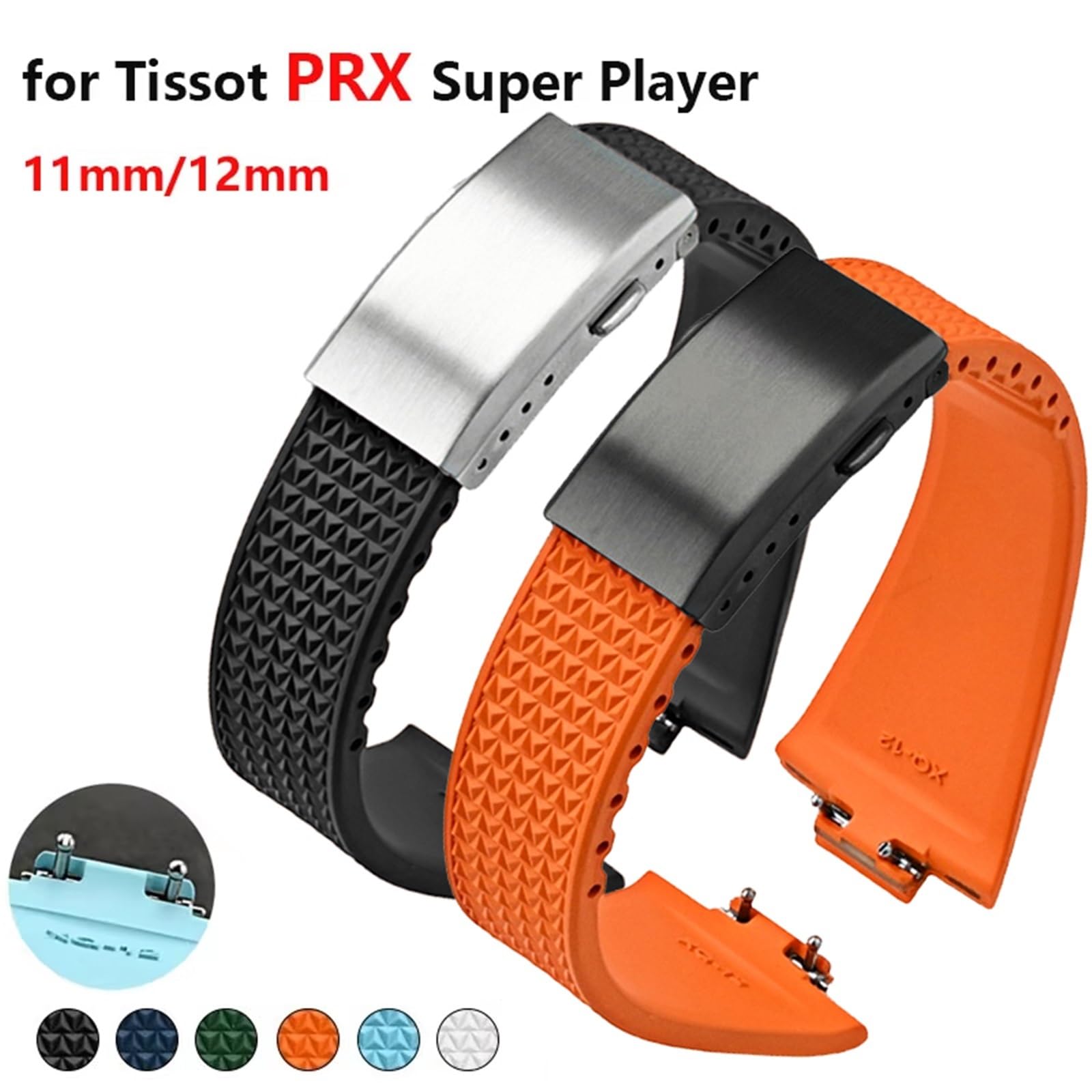 SERDAS Fluoro Rubber Strap?For Tissot PRX Series Super Player 35mm 40mm Women Men FKM Quick Release Folding Buckle Watch Band 11mm 12mm(Light blue02,12mm)