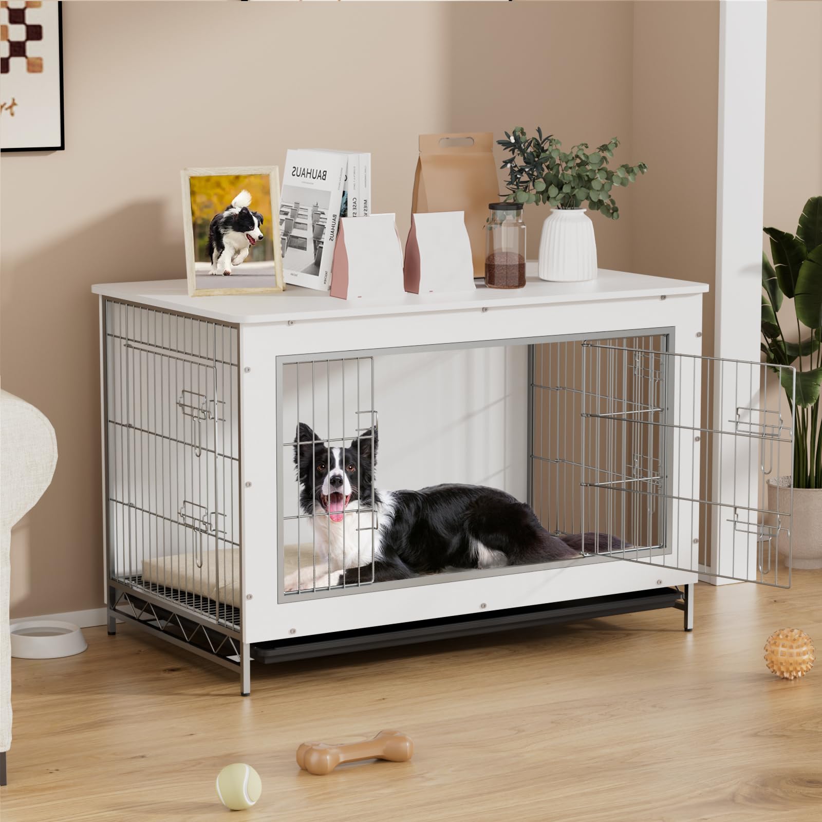 VOWNER Dog Crate, 3 Doors, Wooden Dog Crate for Home, Modern Indoor Dog Kennel for Small and Medium Dogs Under 30 kg, as a Side Table for Living Room, 98 x 60 x 65 cm