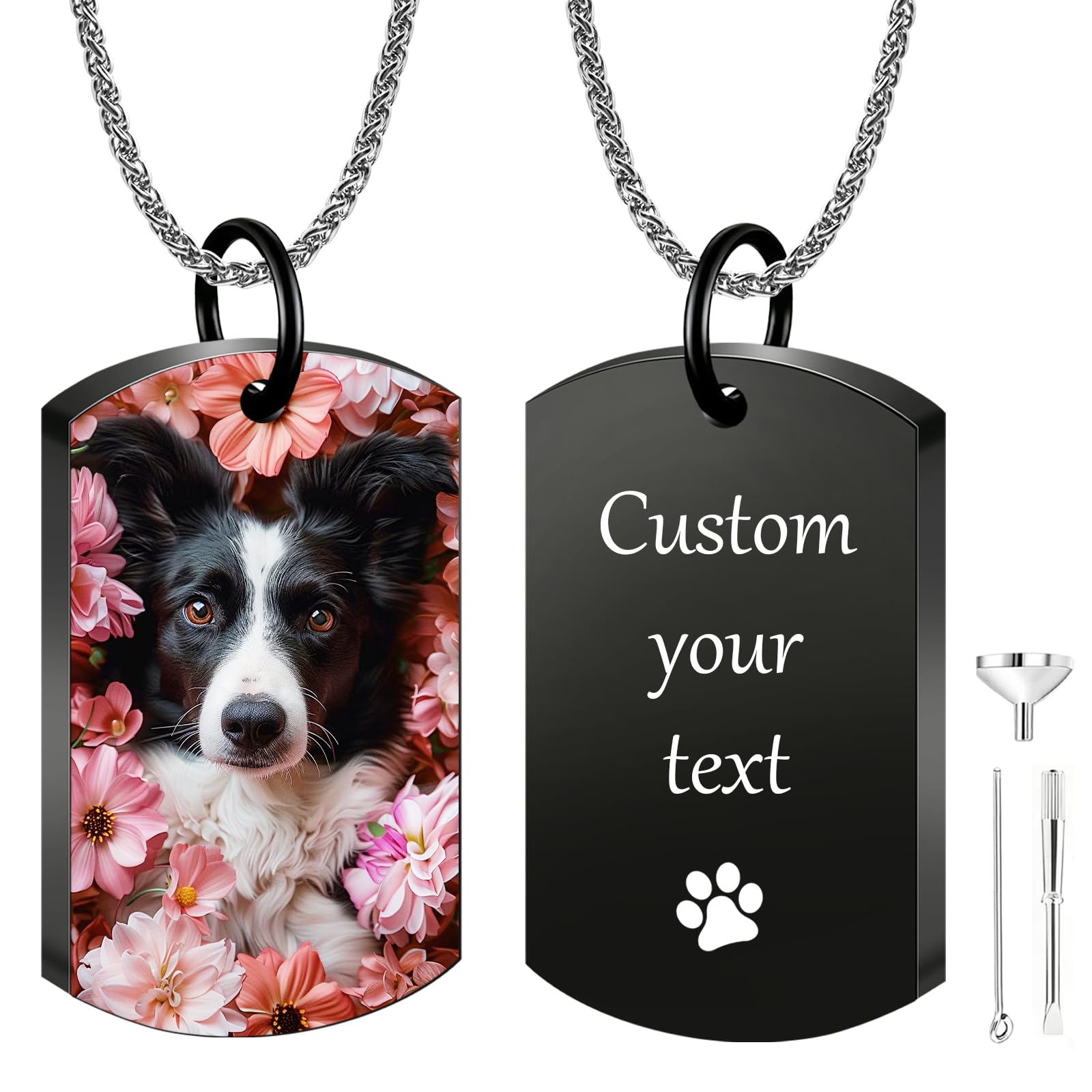 Iwe Personalised Dog Ashes Necklace – Custom Pet Ashes Necklace with Photo and Text Memorial Keepsake for Dog Loss (Black-UV)