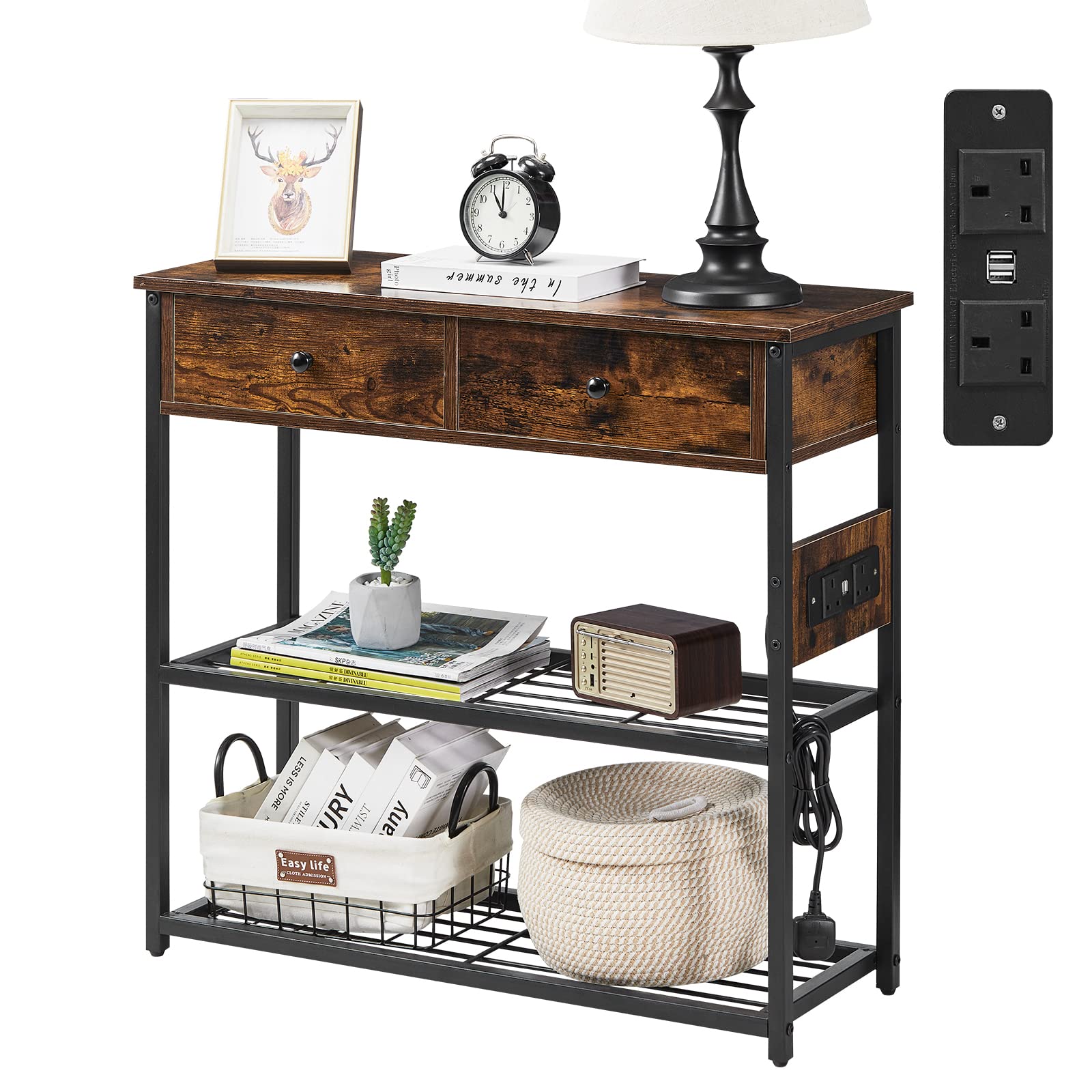 CLIPOP Console Table with Outlet & 2 USB Ports, Wood Entryway Table with 2 Drawers and Open Storage Shelves, Narrow Sofa Accent Table for Entryway Hallway Living Room