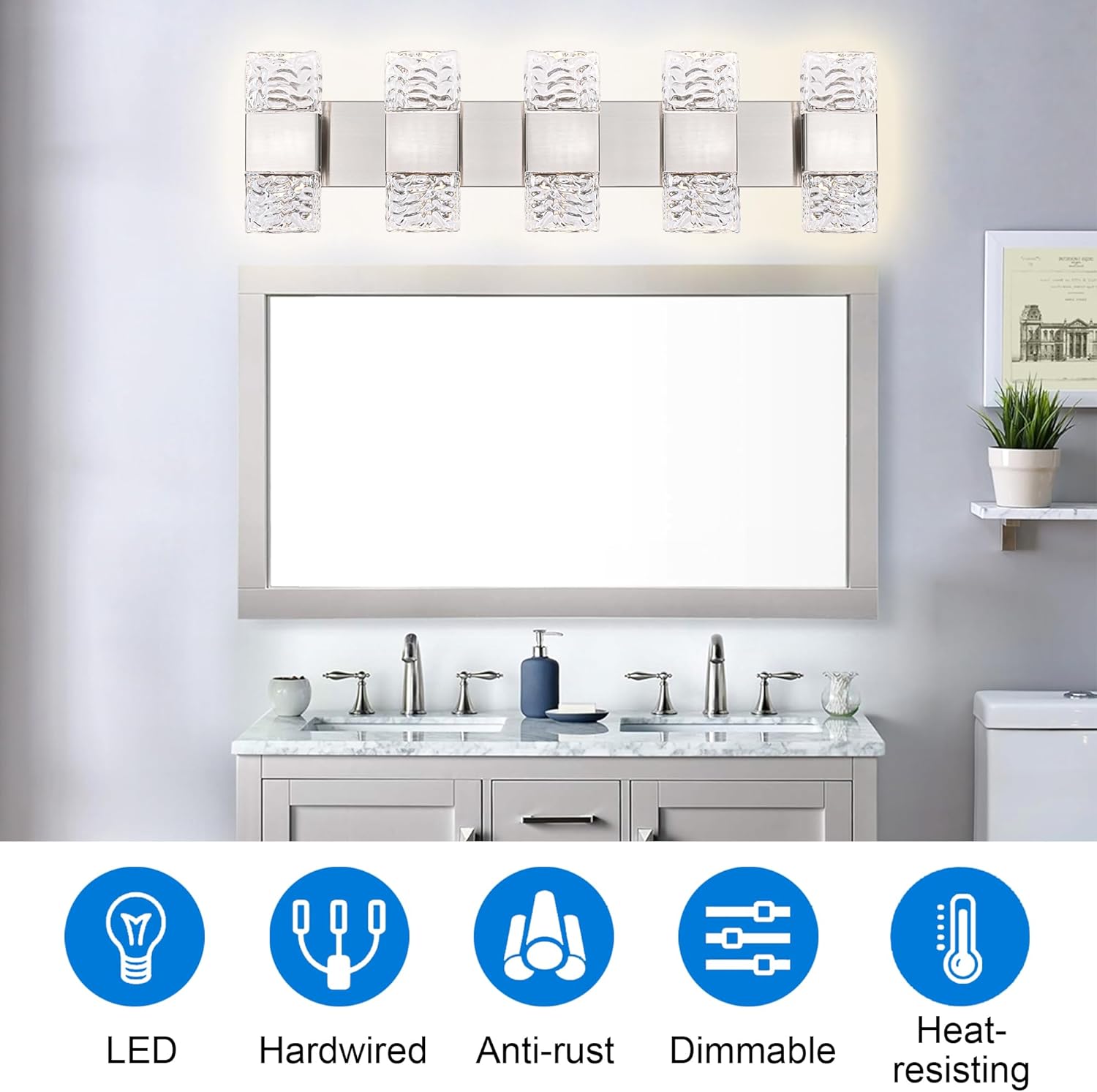 MELUCEE 30.3 in LED Bathroom Lighting Fixtures Dimmable 40W LED Vanity Light Brushed Nickel Modern Bathroom Light Bar Crystal Wall Sconce for Bath Restroom Powder Room, 3000K Warm Lighting