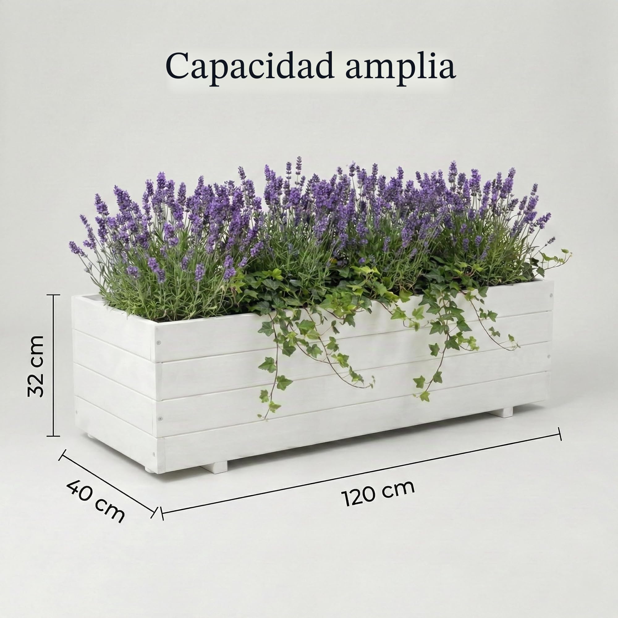Jardinera de madera para plantas, para uso exterior, gran maceta rectangular, madera FSC, 120 x 40 x 32 cm, color blanco