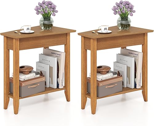 Miniatura 10 de GOFLAME Juego de 2 mesas auxiliares de cuña de 2 niveles, mesa auxiliar triangular estrecha con estante de almacenamiento, patas de madera maciza,