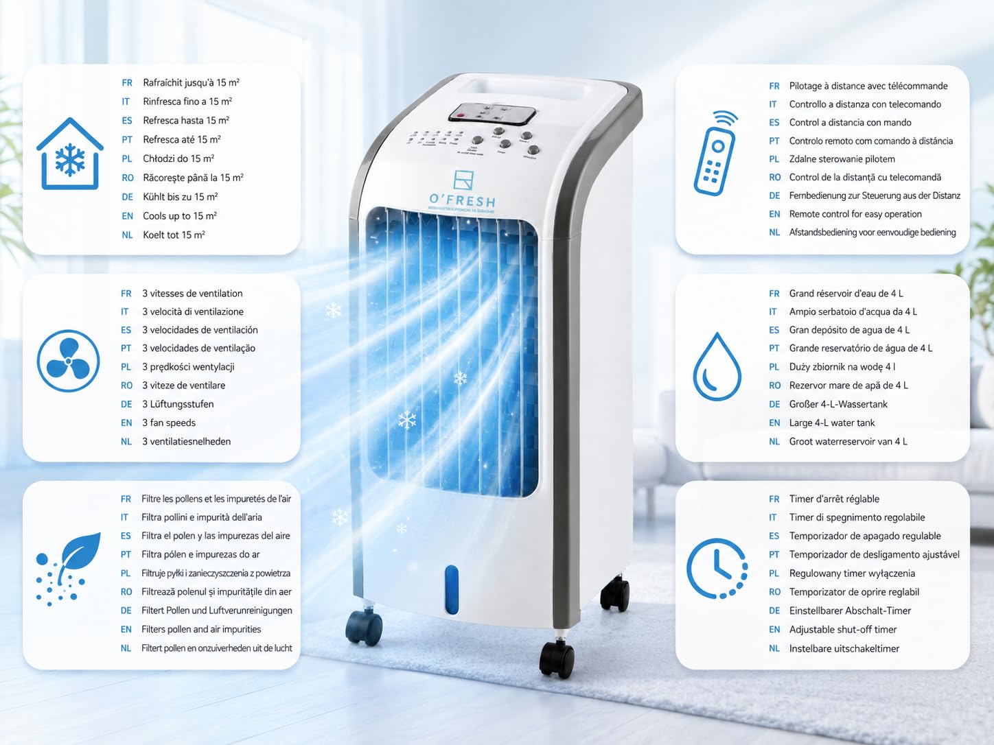 O'FRESH Rafraichisseur d'air silencieux - Portable grace à ses roulettes - Ventilateur à évaporation, rafraichit instantanément - Télécommande - Timer - Assainit l'air ambiant des polens et poluants