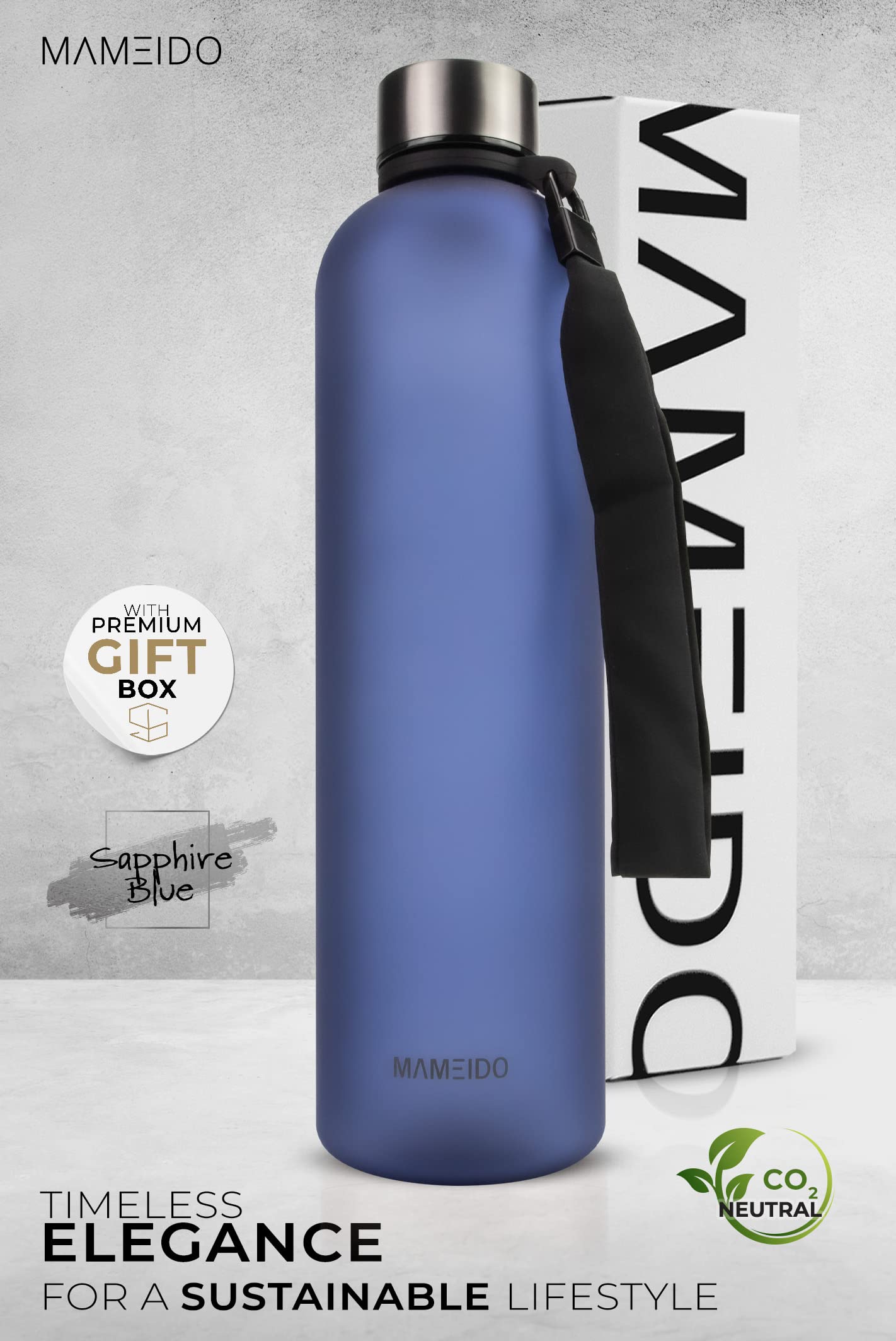 MAMEIDO Bottiglia acqua 1 litro - Borraccia plastica tritan a tenuta stagna, senza BPA - bottiglia motivazionale con orario (Sapphire Blue, 1l)