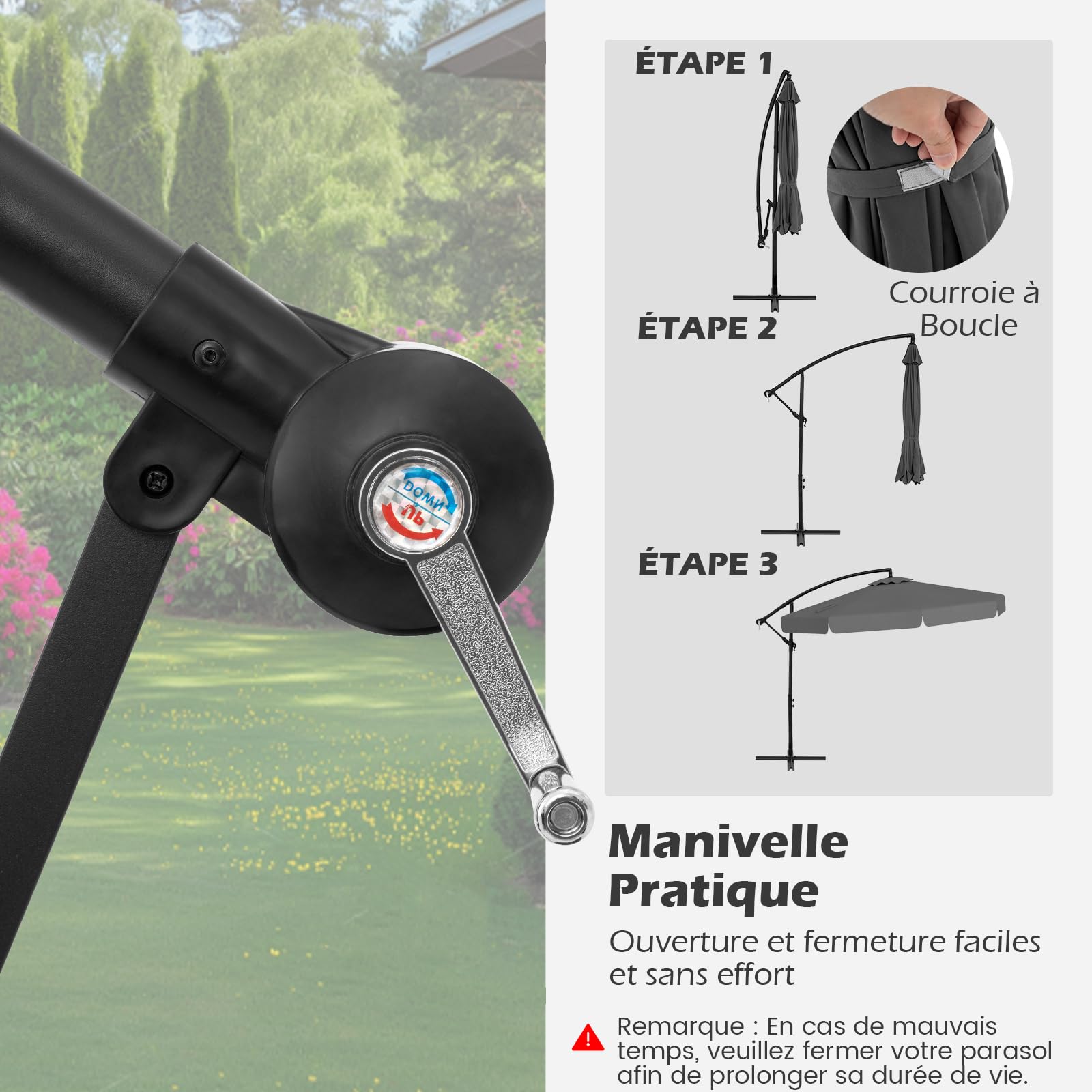 COSTWAY Parasol Déporté 3x3M avec Housse de Protection, Design à Volant Élégant, Parasol de Jardin Extérieur inclinable, Manivelle, 8 Baleines, Protection UV, pour Terrasse, Balcon, Patio (Gris)