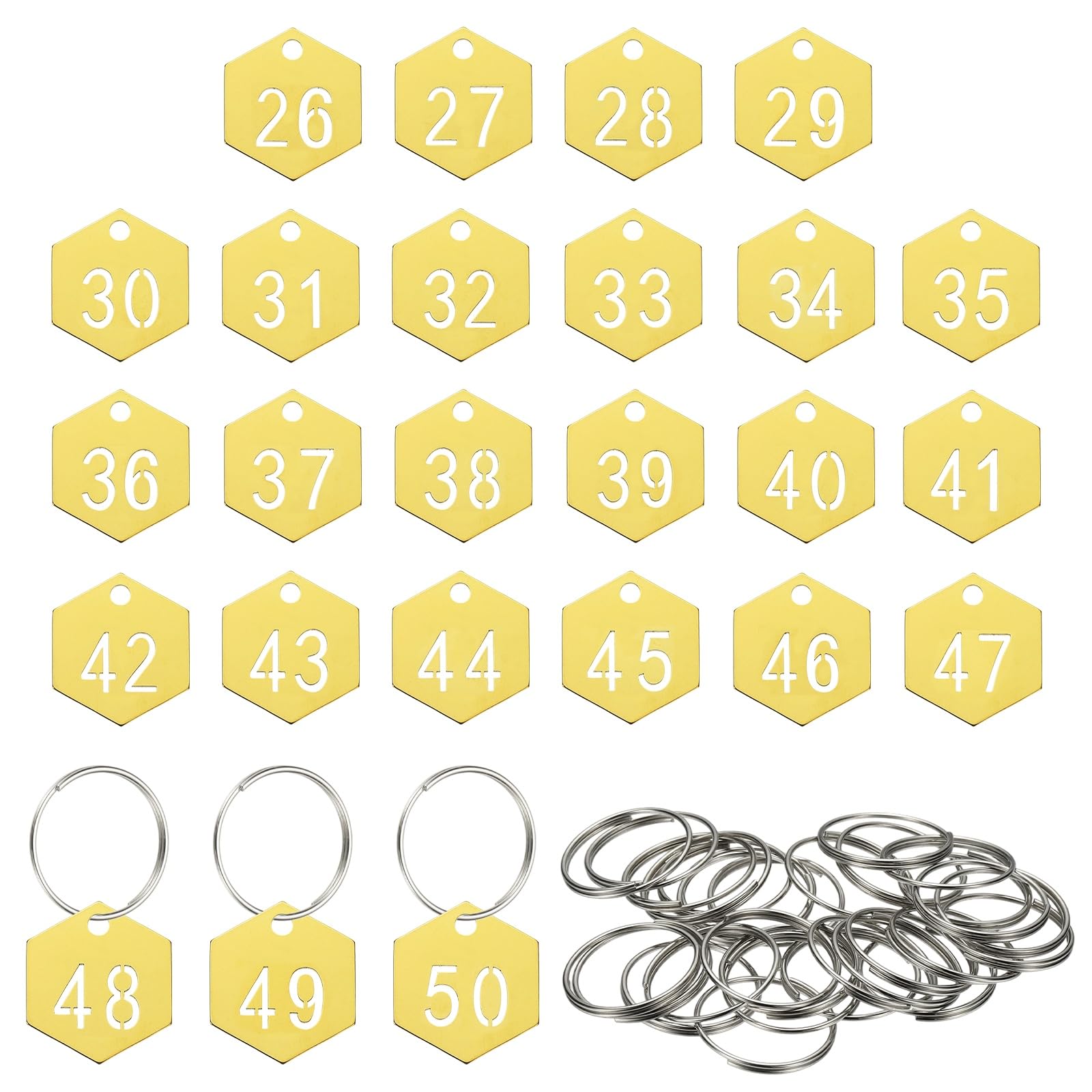 PATIKIL 25PCS Number Tags 26-50, Number Key Tags Stainless Steel Numbered Keychain Metal Sheet Plate with Key Rings for Organizer Field Sales Hangers Clothes Labels ID, Hexagon, Gold