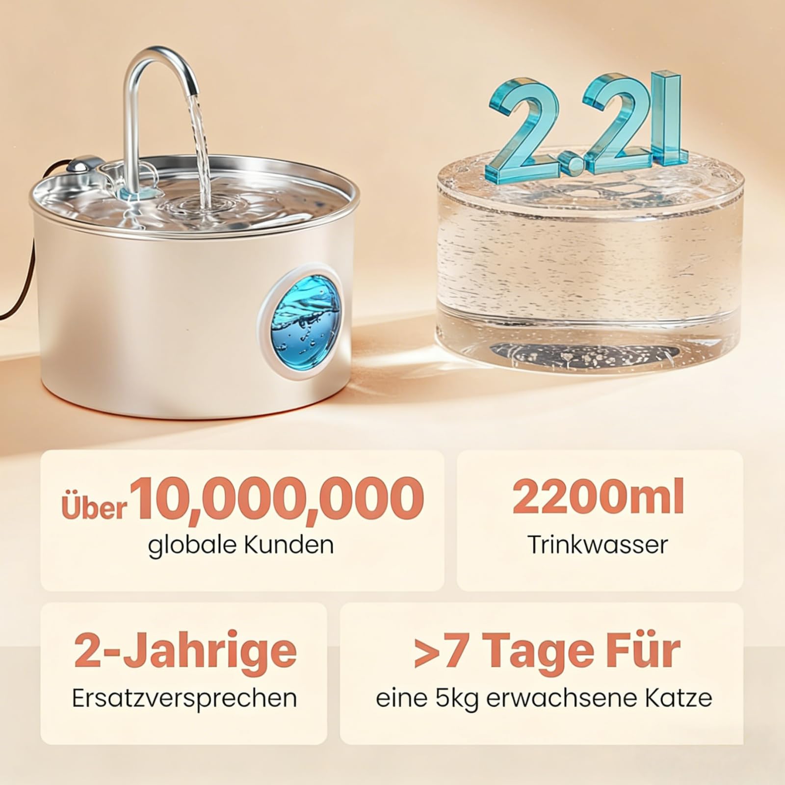 Nordflow Edelstahl Haustierbrunnen für Haustiere, 2,2 Liter Kapazität, extrem leiser Betrieb, zirkulierendes Frischwasser, inklusive 2 Aktivkohlefiltern und 2 Schwämmen (Rundes Sichtfenster)