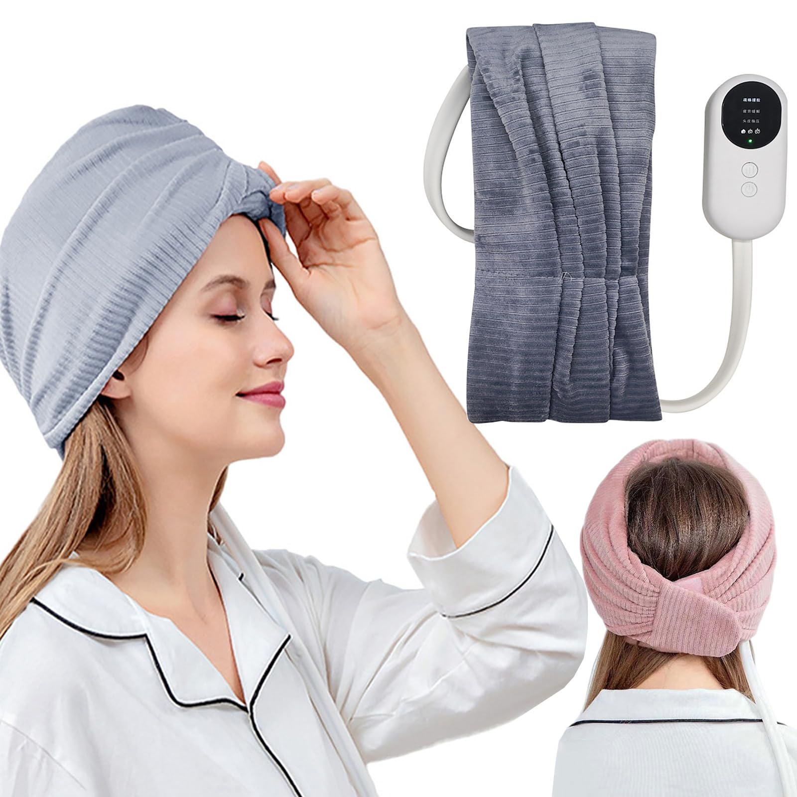 Masajeador De Cabeza con Compresas Calientes De Ondas De Aire, Compresa Caliente De 42-50 °C, 3 Modos De Calentamiento + 3 Modos De Masaje, Mejora El SueñO, Alivia El EstréS Grey