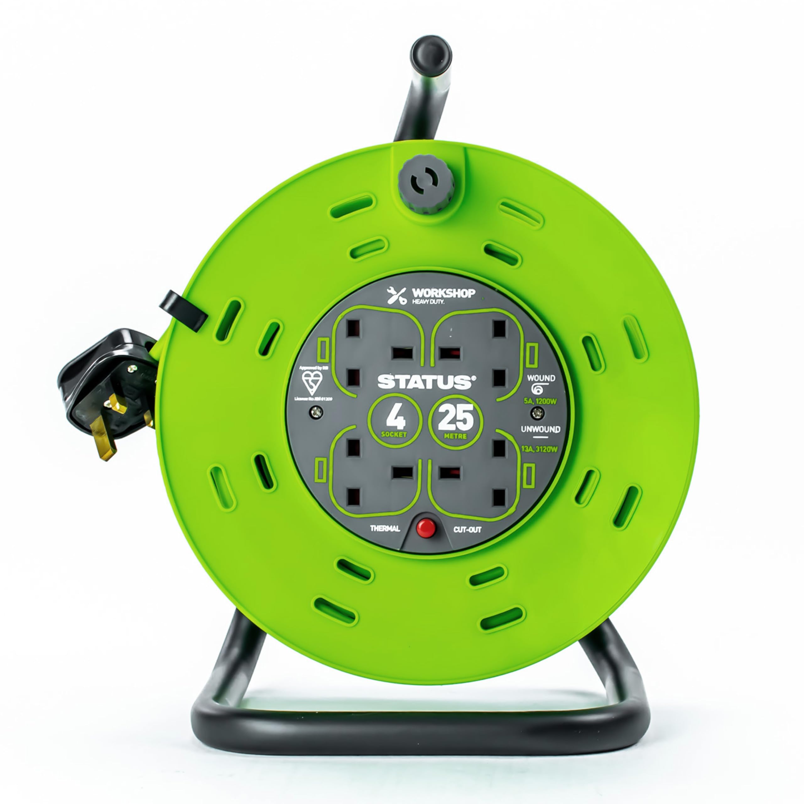 STATUS 4 Socket Cable Reel, 25m, Green, 13 Amp, Thermal Cut Out, Heavy Duty, Outdoor Extension Lead, Ideal for Garden, Workshop, DIY, Power Tools (S25M13ACR2)