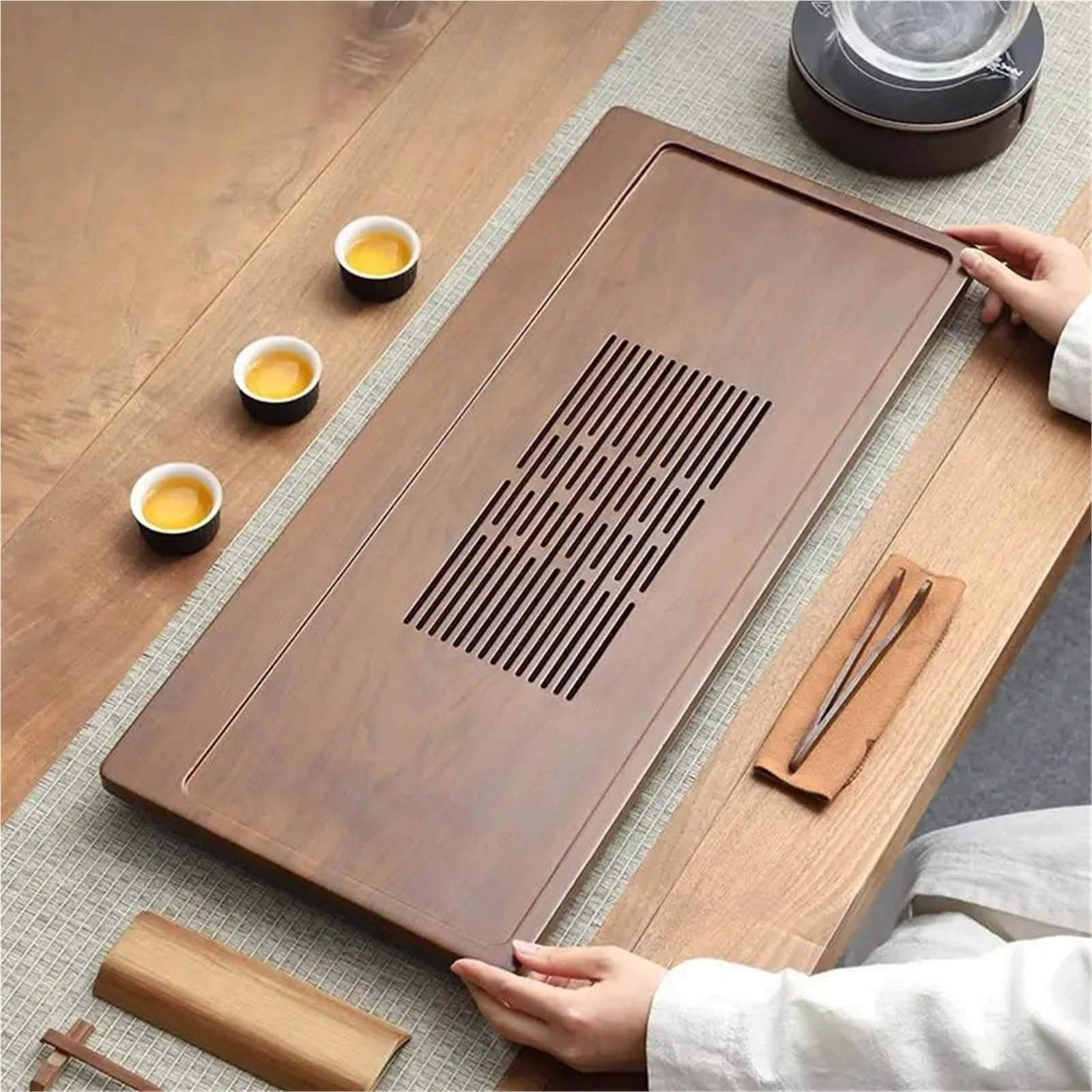Vassoio da tè in bambù da 59 cm, per utensili da tè e caffè, con drenaggio e conservazione dell'acqua, per cerimonie del tè, perfetto per gli appassionati di tè e caffè