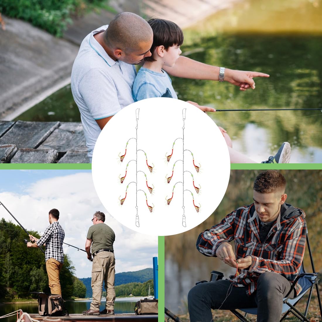 Set de 5 Aparejos de Plumas de caballa con Cuentas Luminosas,Aparejos de Pesca de mar pre-atados,Señuelos Biónicos para Caballa y Abadejo,Aparejos de Pesca (16#)