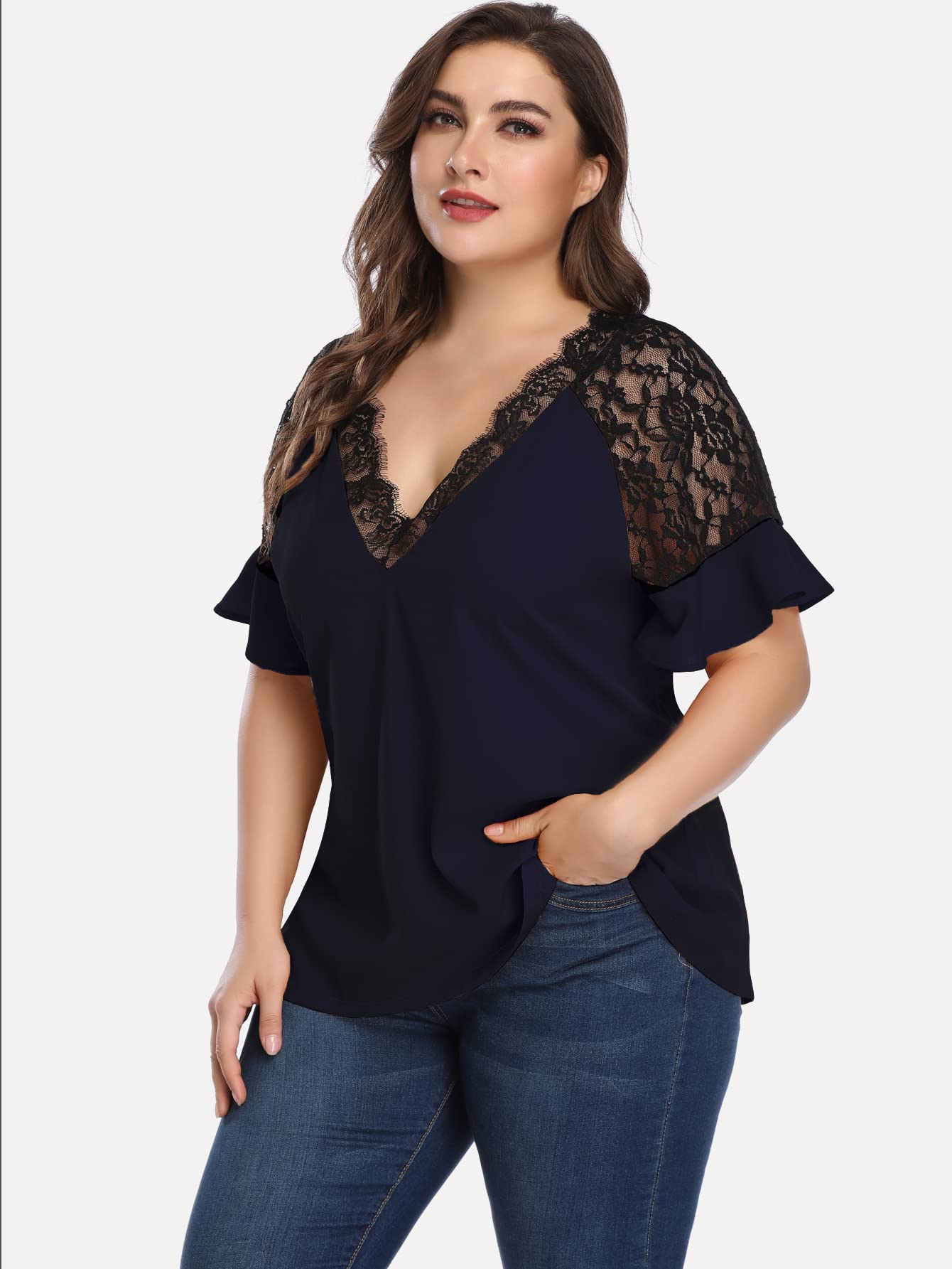 OYOANGLE Women's Plus Size Flounce Short Sleeve Work Office Lace Deep V Neck Elegant Blouse