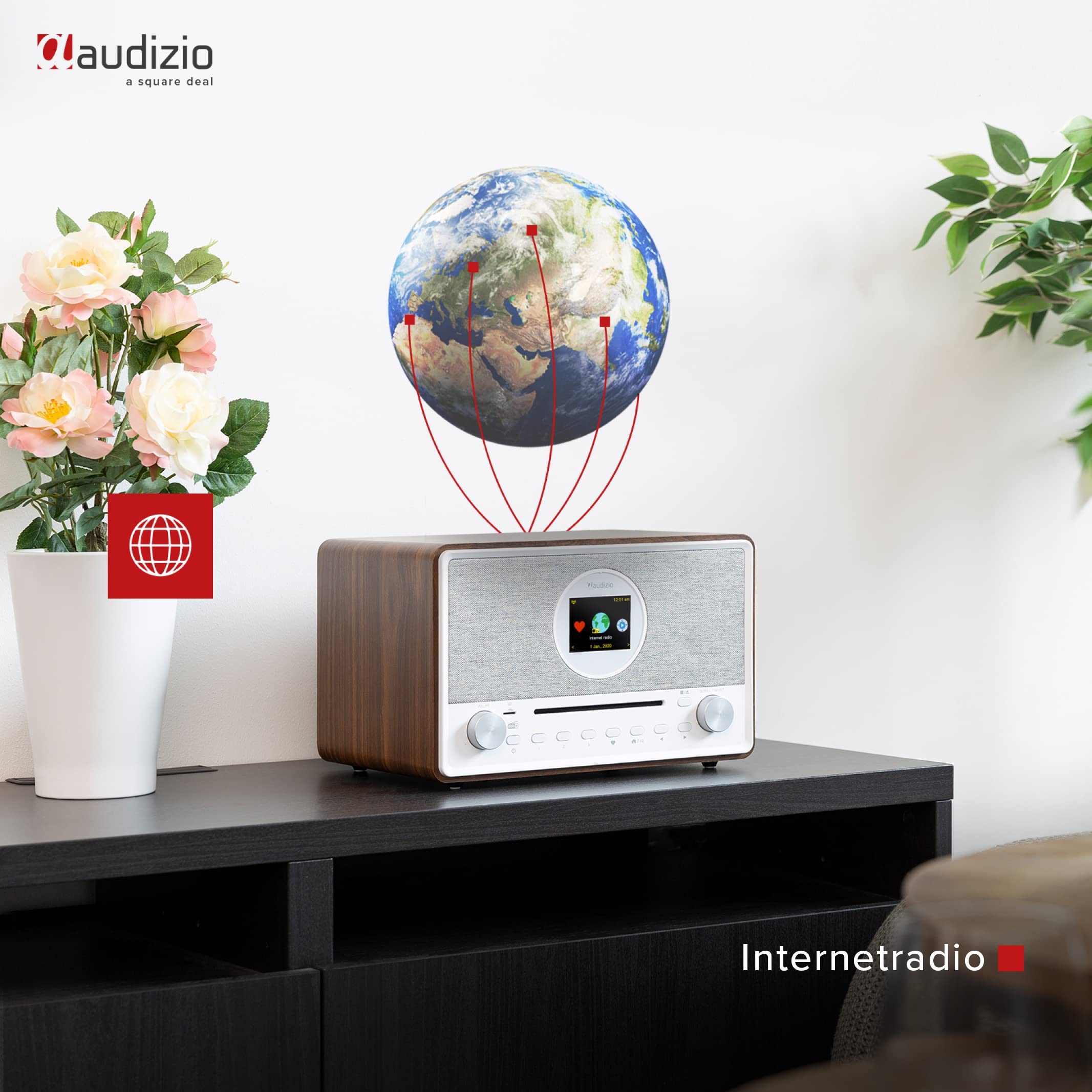 Audizio Lucca Radio Dab+ Internet Wi-FI 60W - Bois, Écran LCD 2,8", Bluetooth 5.0, CD, Deux Haut-Parleurs, Sortie Casque, Télécommande Incluse, Idéale pour Écouter la Radio à la Maison
