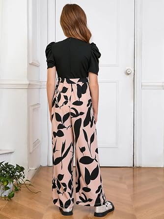 WDIRARA Girls's Casual Graphic Puff Sleeve Bow Belted Wide Leg Jumpsuit