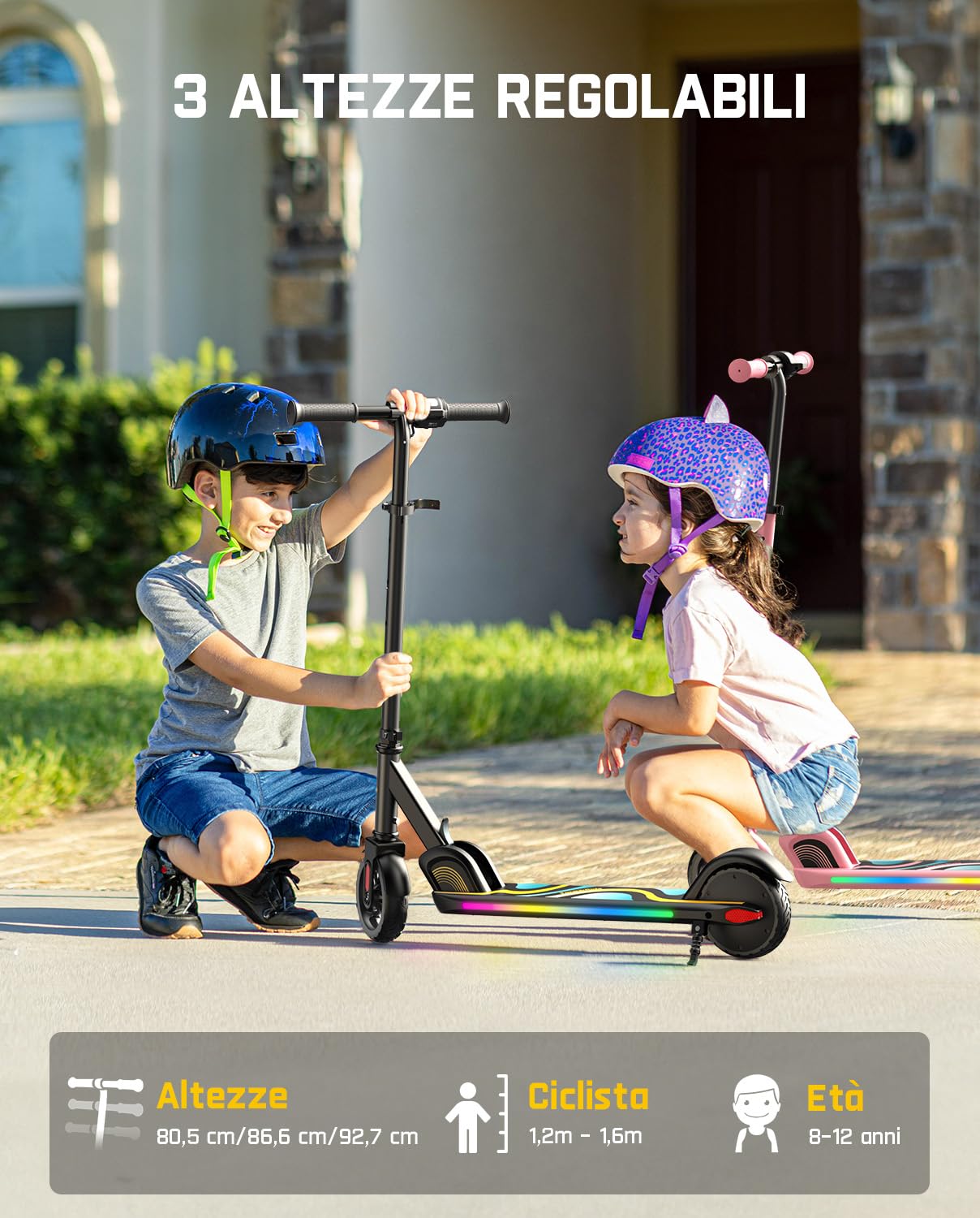 FanttikRide C9 Pro Monopattino Elettrico per Bambini 120-160 cm, Luci Arcobaleno Colorate, 8/13/16 km/h, Autonomia di 8 km, Display LED, Altezza Regolabile, Pieghevole, per Bambini fino a 60 kg