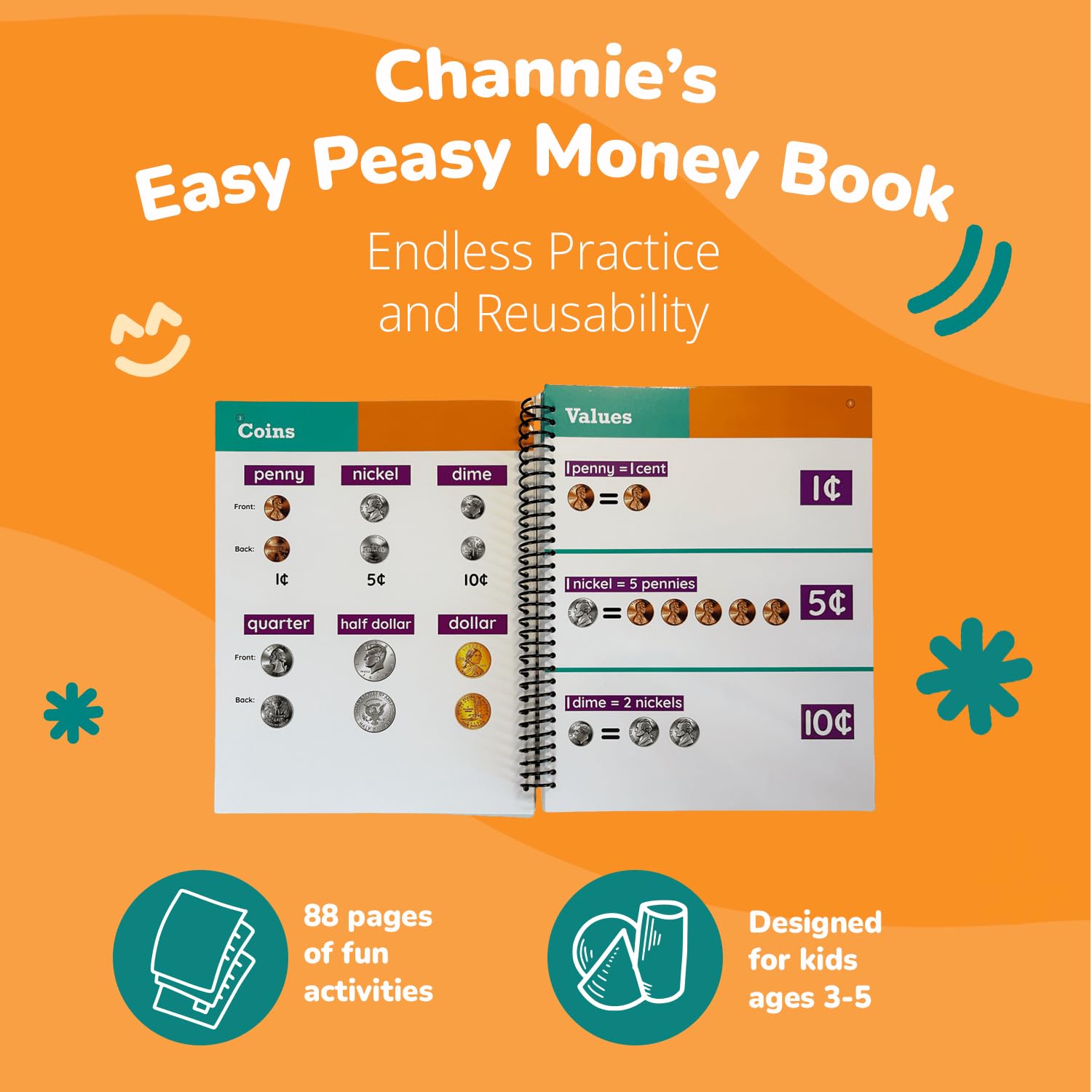 Channie's Easy Peasy Dry Erase Money Book - Fun Toddler Activity Book - Teaches Counting Coins for Kids Ages 3-5/6-8 - Pennies, Nickels, Dimes, Quarters - Money Workbooks for Kids - 65+ Pages - Image 2