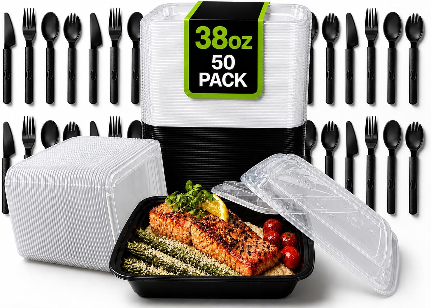 300 Pieces Meal Prep Containers 38oz Lids Utensils 50-Pack | Reusable Sturdy Plastic Bento Box Single Compartment Takeout Food Stackable | Leakproof Storage BPA-Free Microwave Freezer Dishwasher
