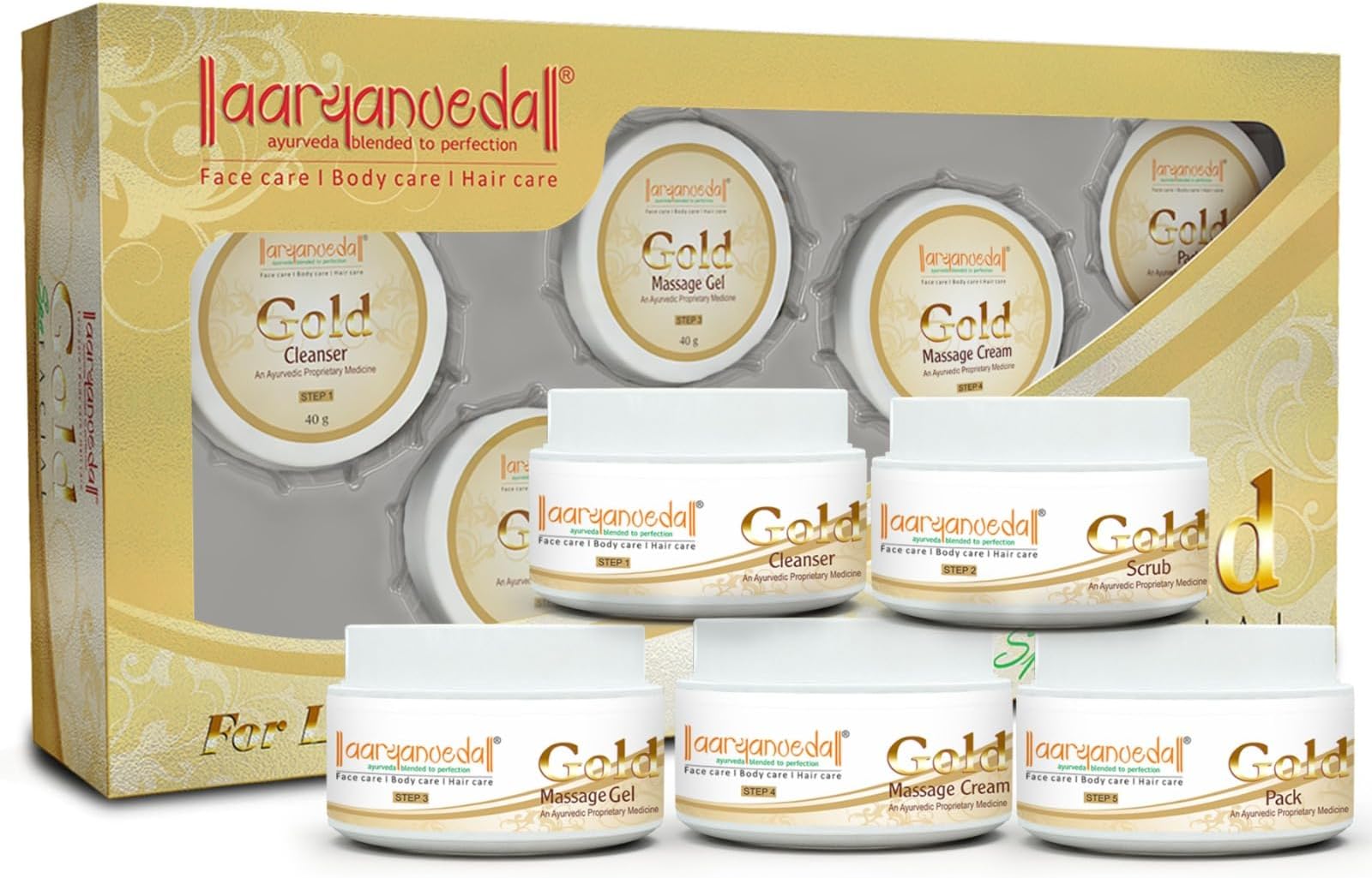 Aryanveda Radiant Gold Facial Kit For Golden Glow, Bright & glowing skin With Pure Gold Particles & Rose With 5 Easy Steps, Beautiful Skin for Men and Women- 210g