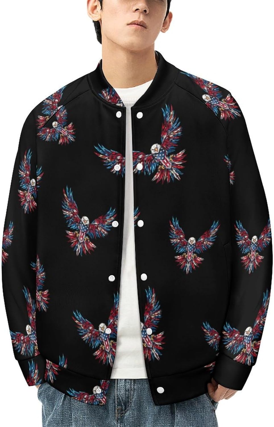 Hawks U.S. Flag Novelty Men's Baseball Jackets Causal Sweatshirt Button Top Long Sleeve Coat