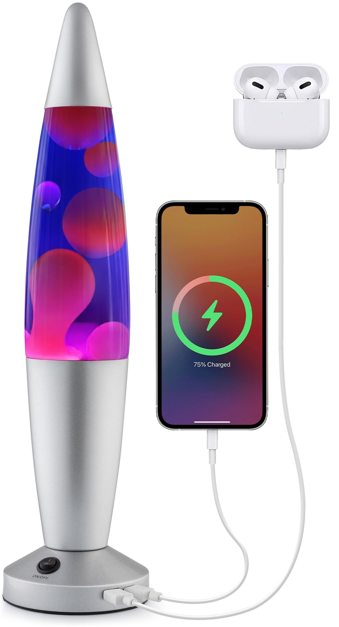 JAMBO Belle lampe liquide avec ports USB, lumière de mouvement de 40,6 cm avec cire violette liquide bleue, veilleuse relaxante, lumière d'ambiance pour chambre à coucher, salon, bureau – adultes