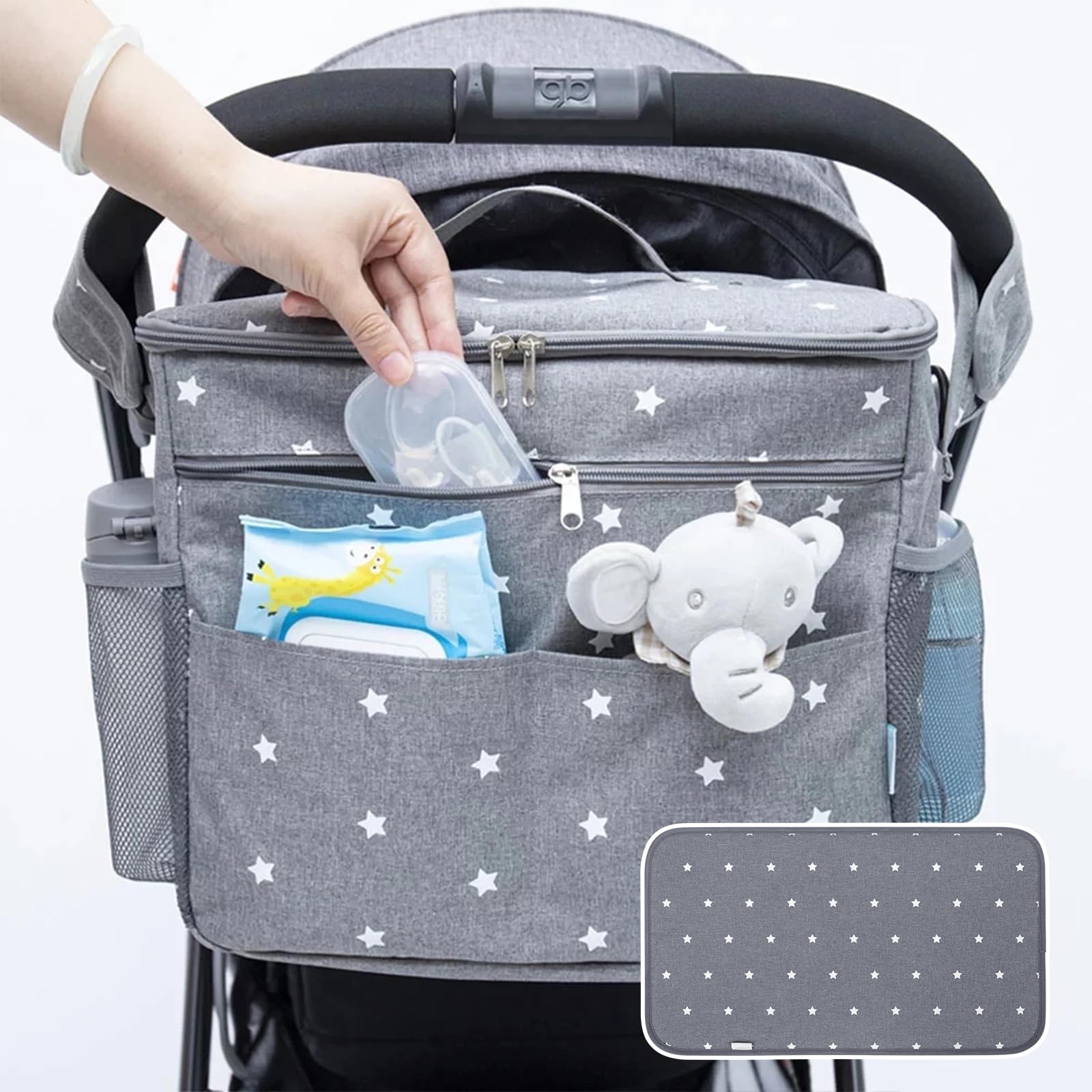 Orzbow Grande Sac a Langer Poussette,Étanche 22L Organisateur Poussette avec 2 Porte-gobelets,Multifonctionnel Sac Landau avec Séparateur Amovible,Doublure et Porte-bouteille Isolante (Gris)