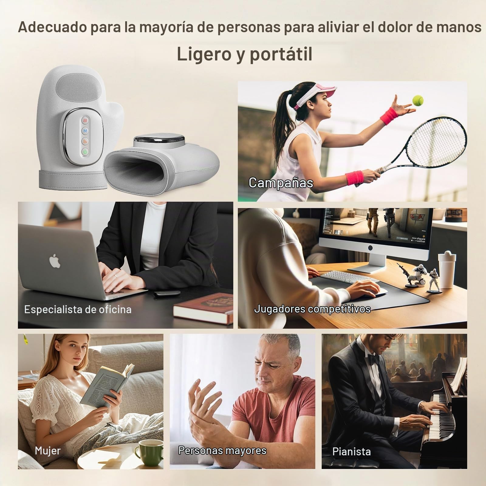 Masajeador de manos con alivio de calor y compresión, masajeador de mano recargable eléctrico con 3 masajes, 5 niveles de presión, guante de terapia para artritis y túnel carpiano