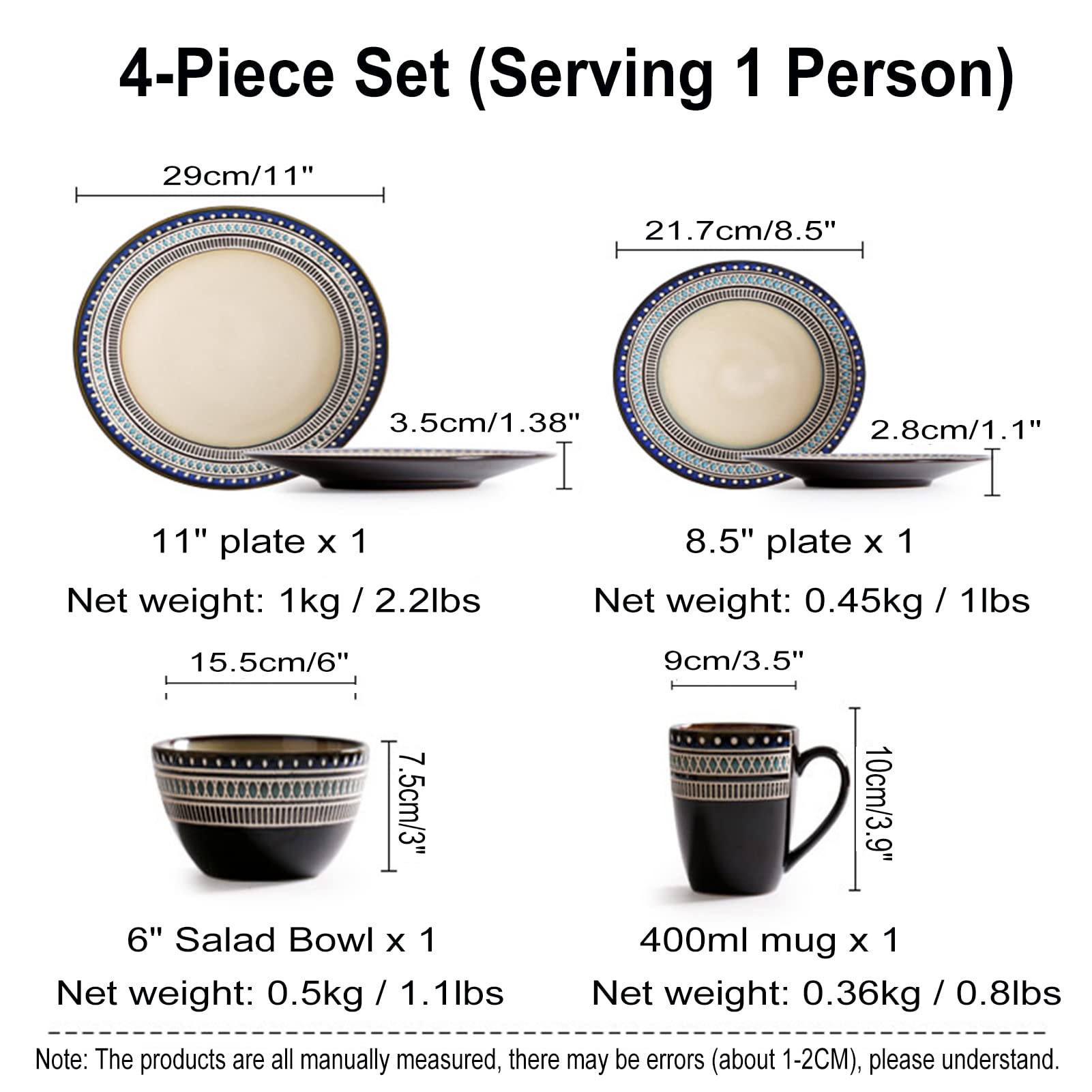 Juegos de Vajillas Porcelana, Vajillas Completas Modernas Juego de Café con Platos Plano, Platos de Postre, Ensaladera y Tazas de 400ml, Aptas para el Lavavajillas y Microondas,4 Piece