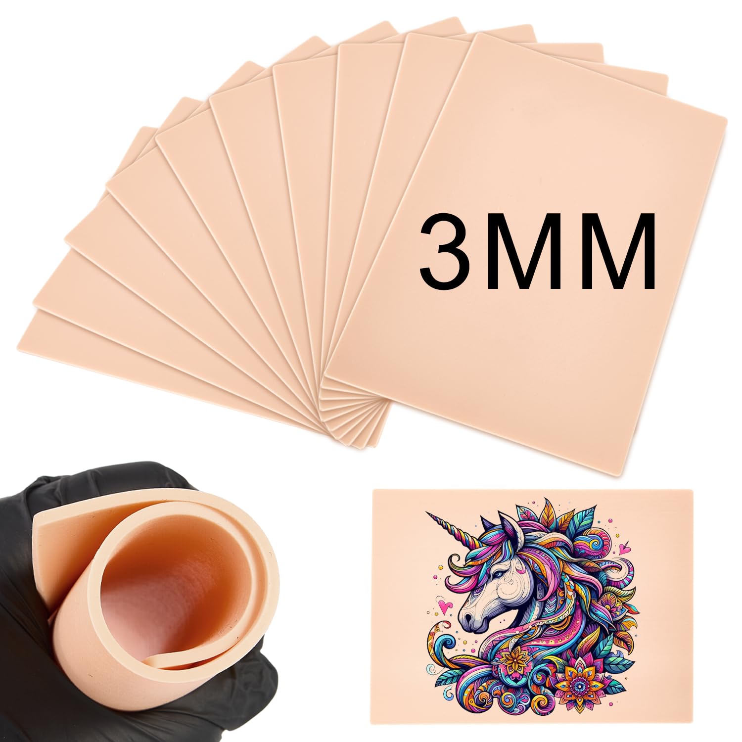Blank Tattoo Fake Skin 3MM - Babelshar 10 Pcs 6x8" Double Sides Soft Silicone Practice Skin for Tattooing, Thick Practice Skins Pads for Tattoo