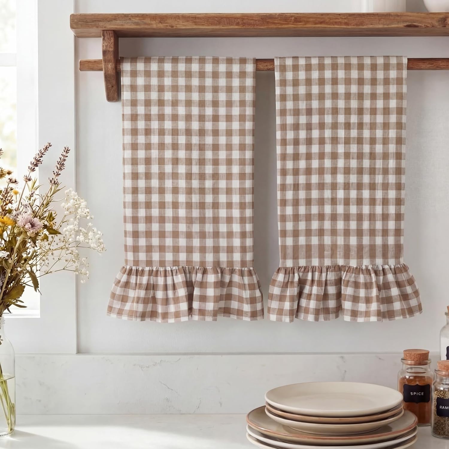 HunnmingRe Taupe Kitchen Towels Set of 2, 100% Cotton Ruffled Gingham Dish Towels 18"x28" Absorbent Tea Cloths Classic Plaid Pattern for Farmhouse Charm, Drying Dishes, Entertaining Guests