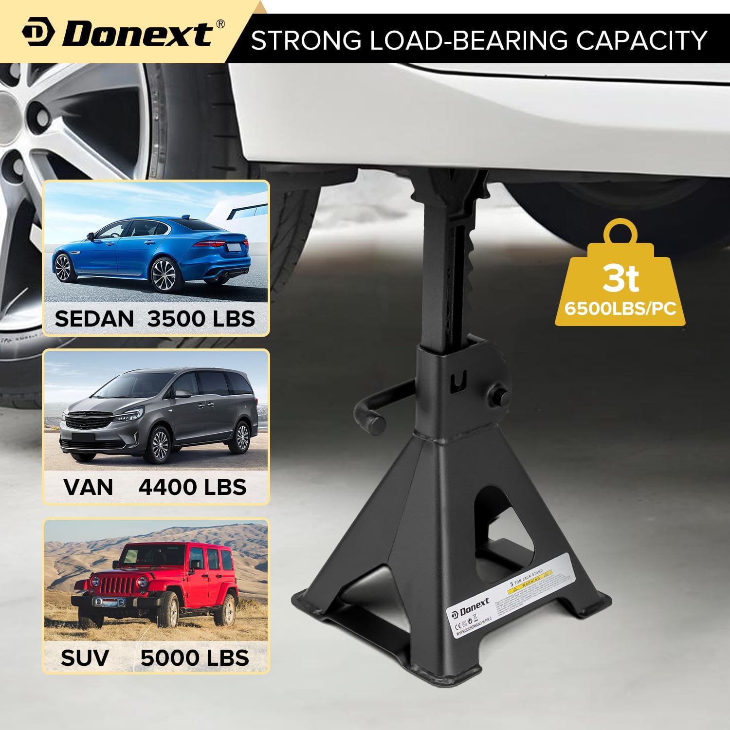 Donext Jack Stands 3 Ton (6,500 lb) Capacity Steel, 1 Pair Black Lifting Stand Adjustable Jack Stands