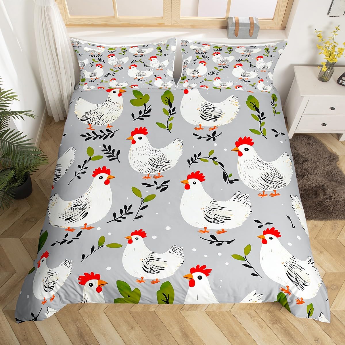 Homemissing Chicken Bedding Duvet Cover Set Super King Size Farm Animal Bedding Set for Kids Boys Girls Cute Comforter Cover Set Kawaii Bedspread Cover，No Comforter